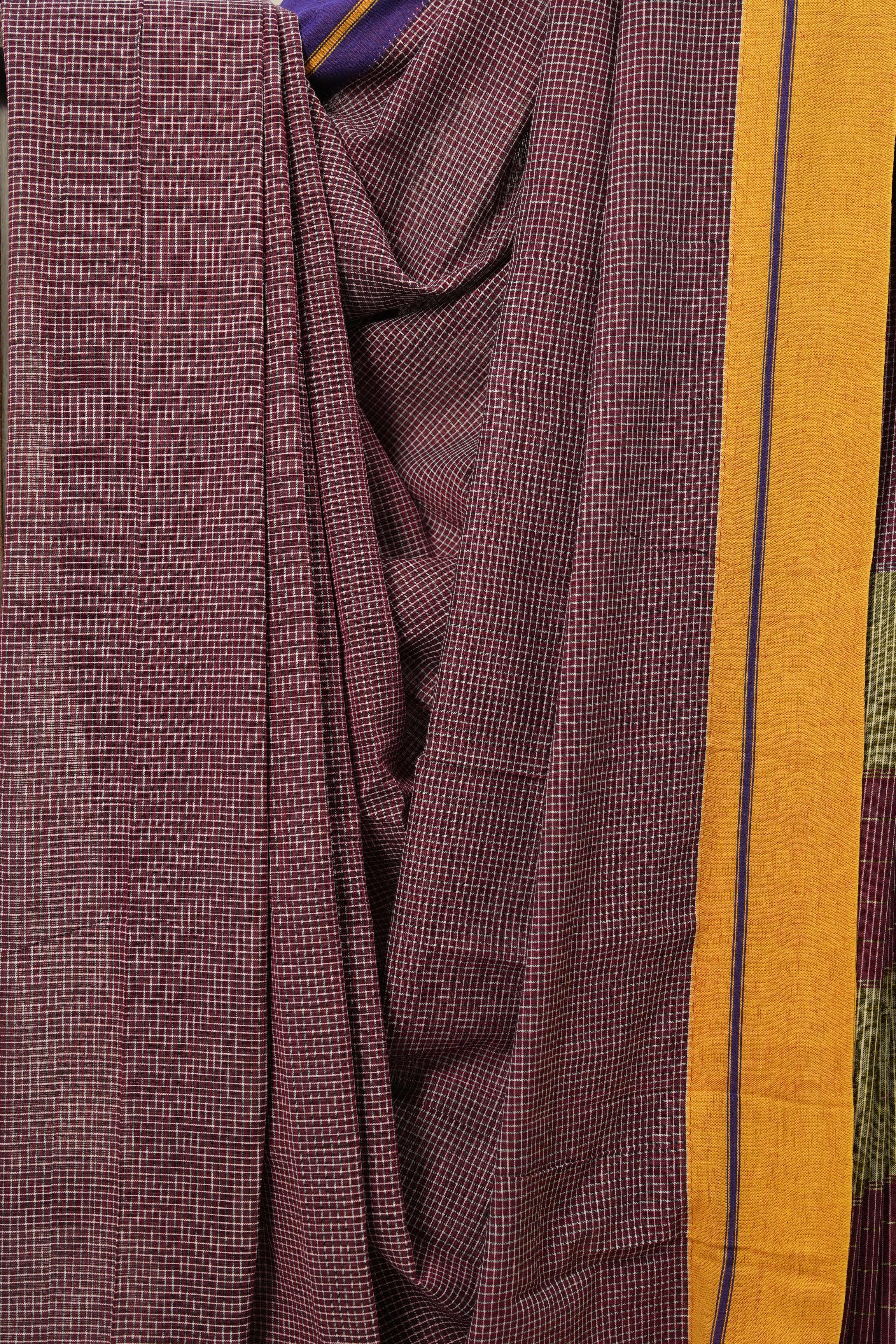 Maroon Small Checks Cotton Patteda Anchu Saree - SRMPAS256