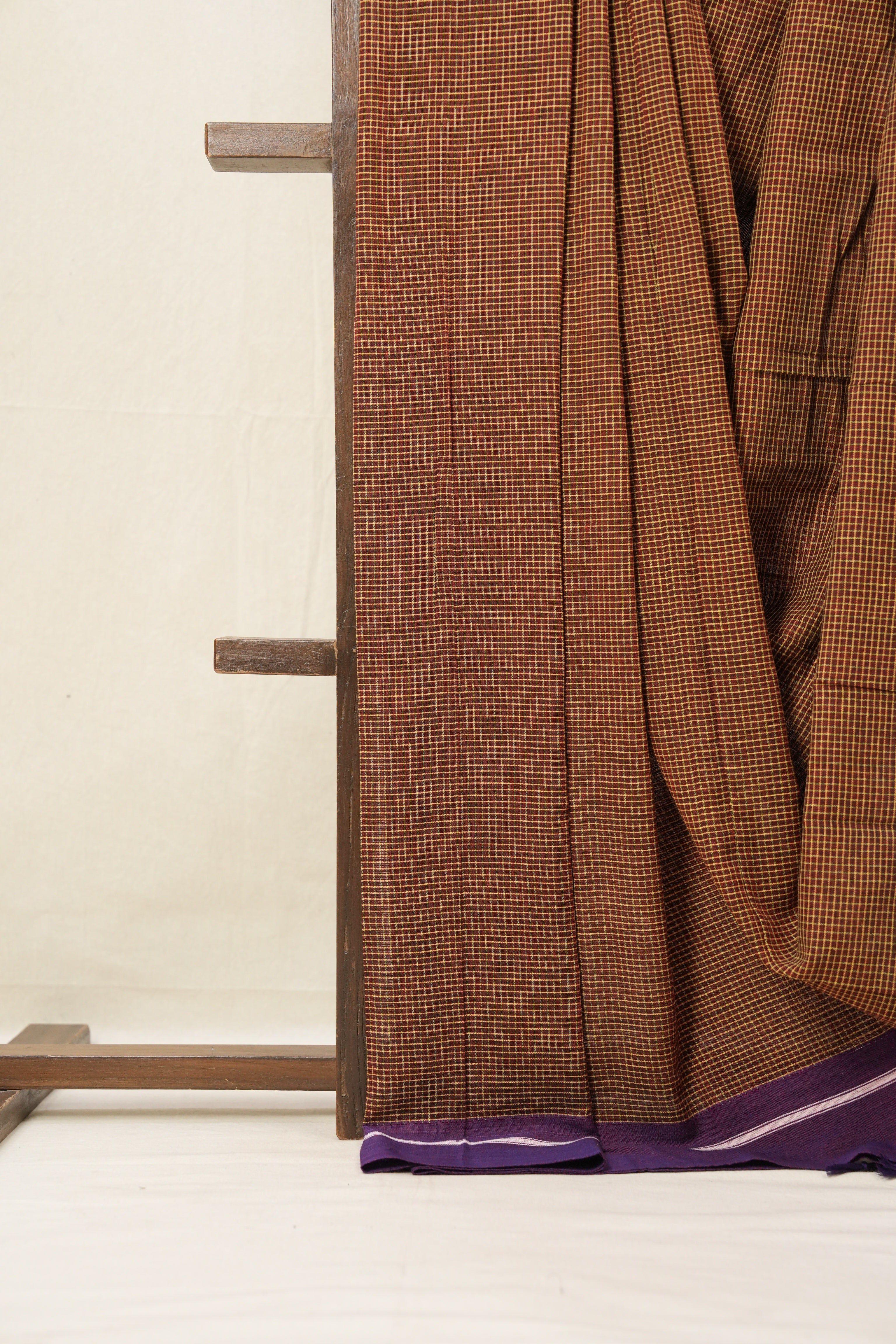 Maroon-Yellow Small Checks Cotton Patteda Anchu Saree - SRYPAS238