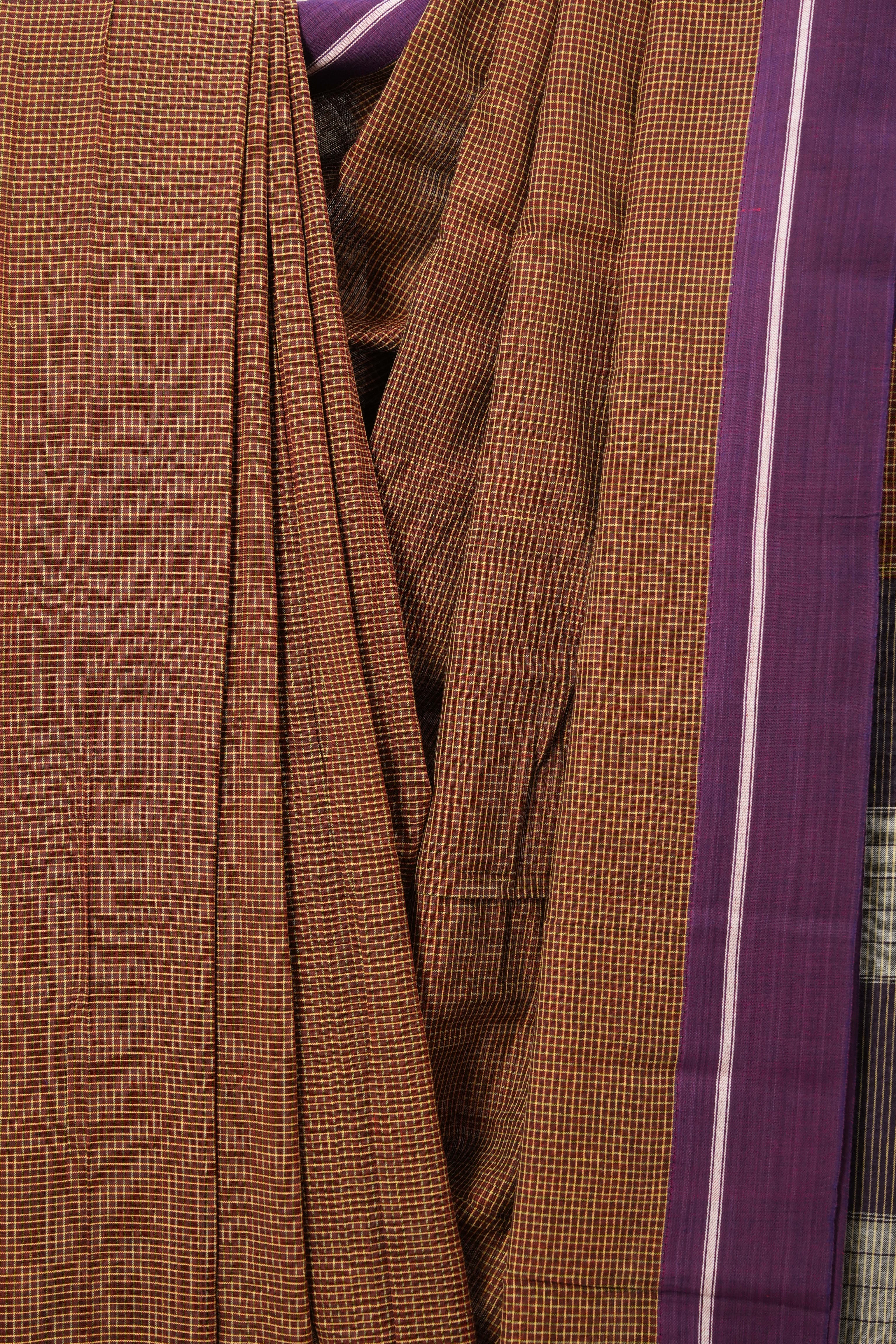 Maroon-Yellow Small Checks Cotton Patteda Anchu Saree - SRYPAS238