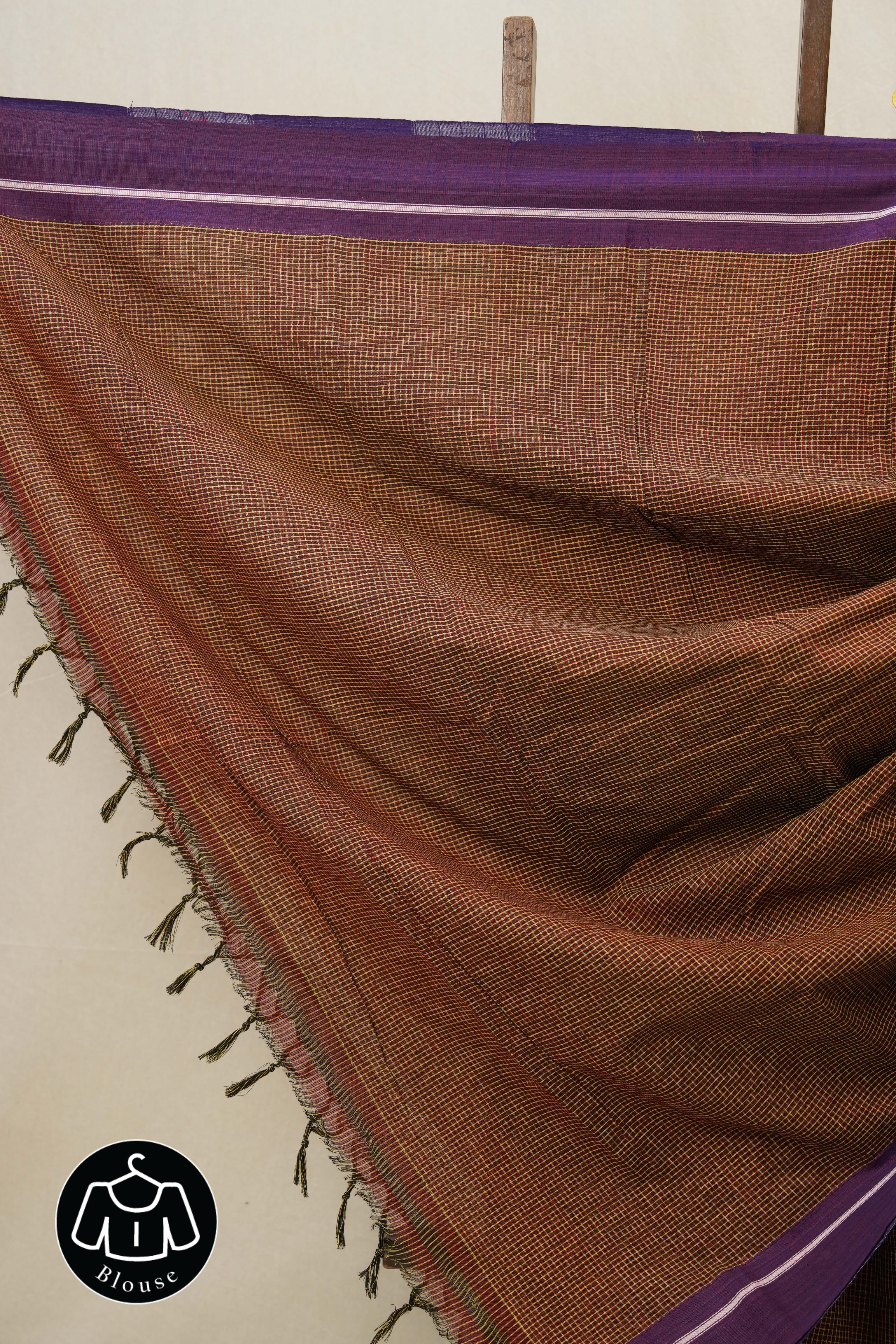 Maroon-Yellow Small Checks Cotton Patteda Anchu Saree - SRYPAS238