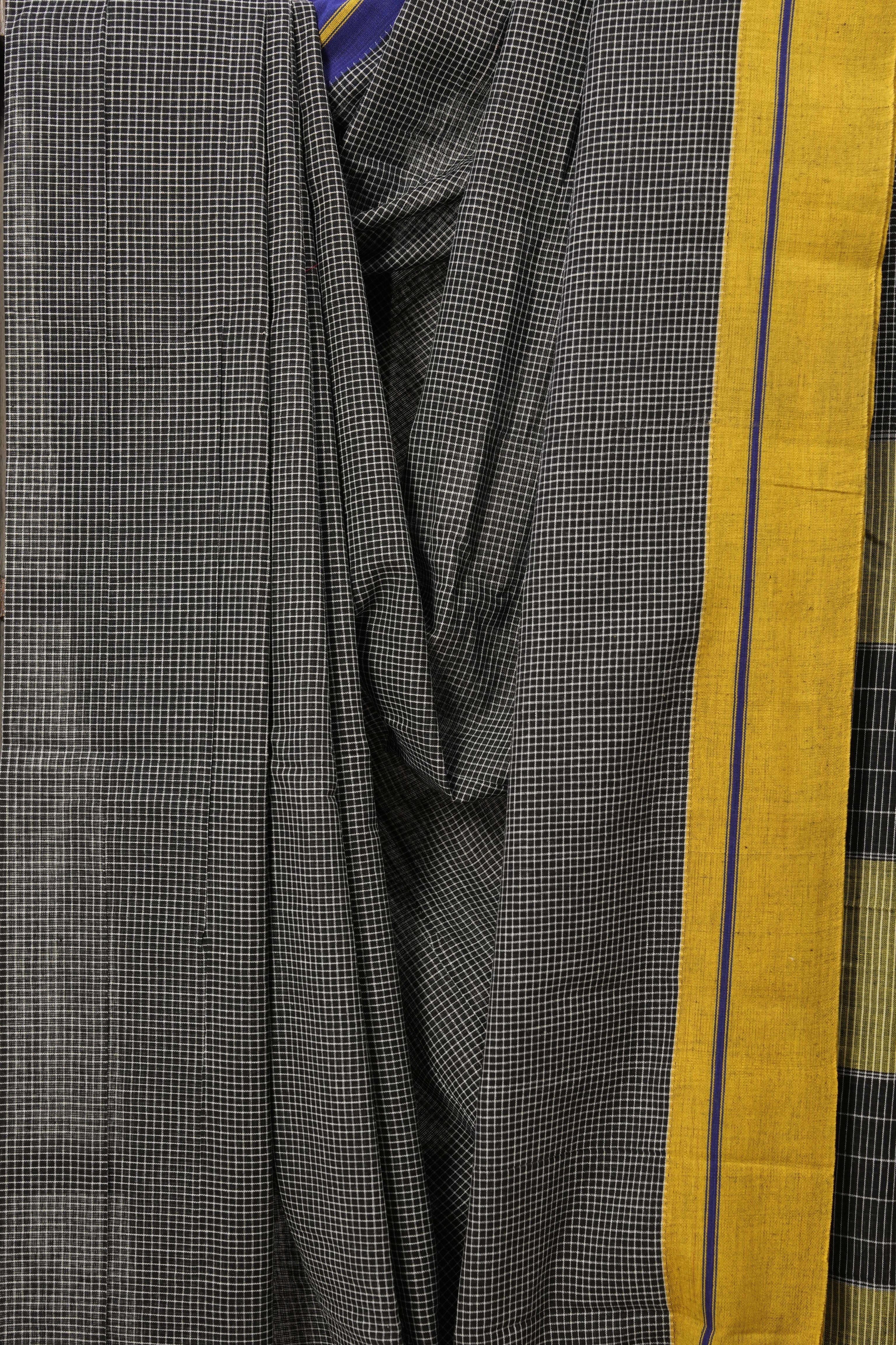 Black Small Checks Cotton Patteda Anchu Saree - SRBPAS224