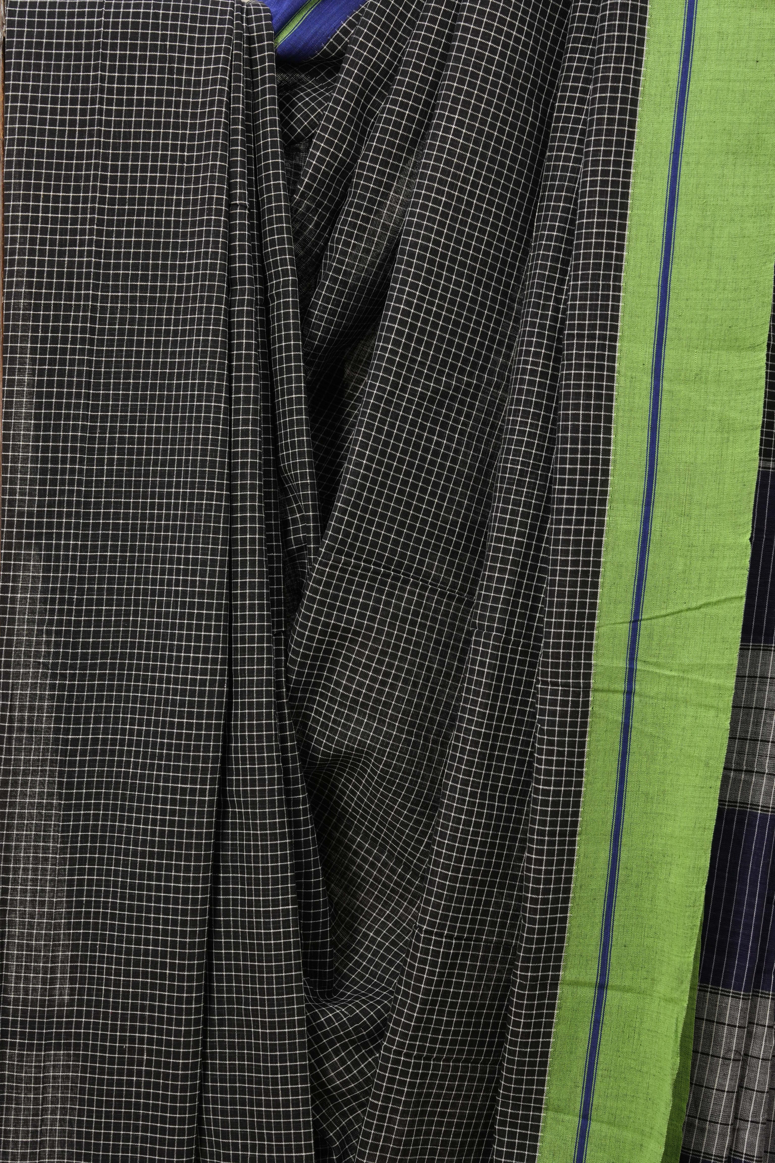 Black Big Checks Cotton Patteda Anchu Saree - SRBPAS237