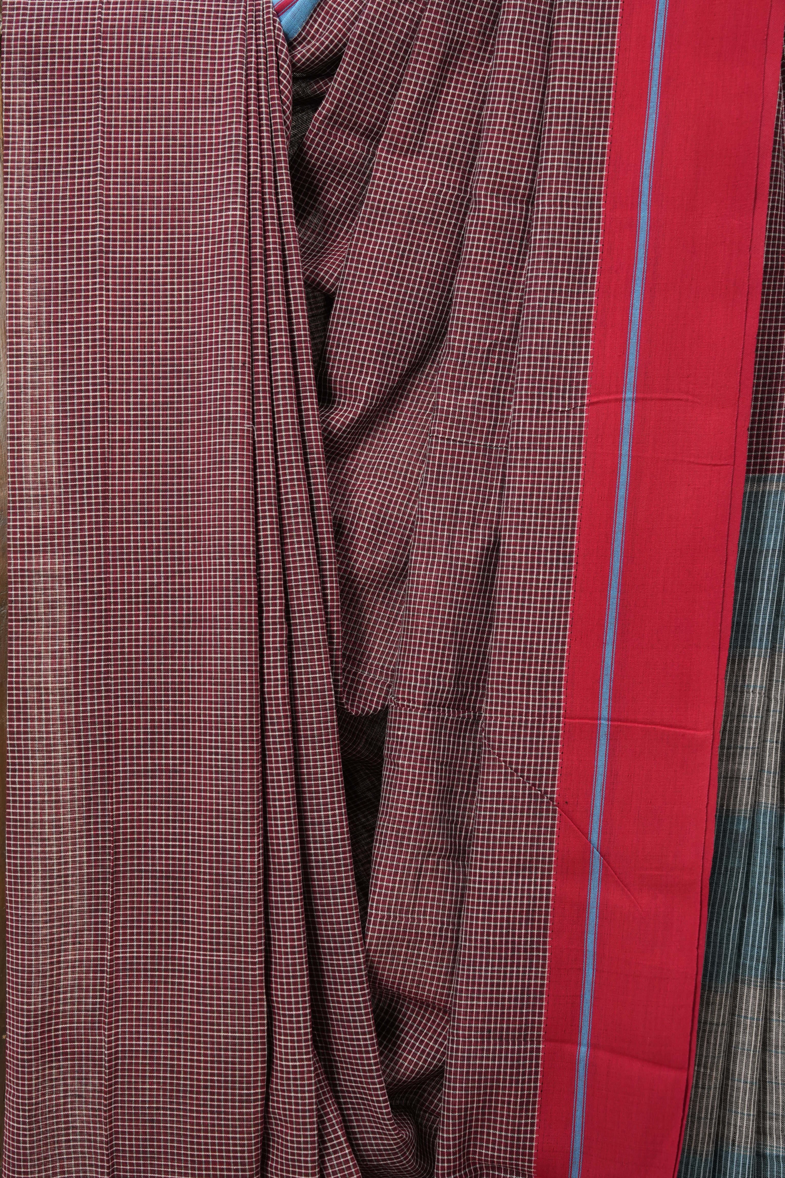Maroon Small Checks Cotton Patteda Anchu Saree - SRMPAS225