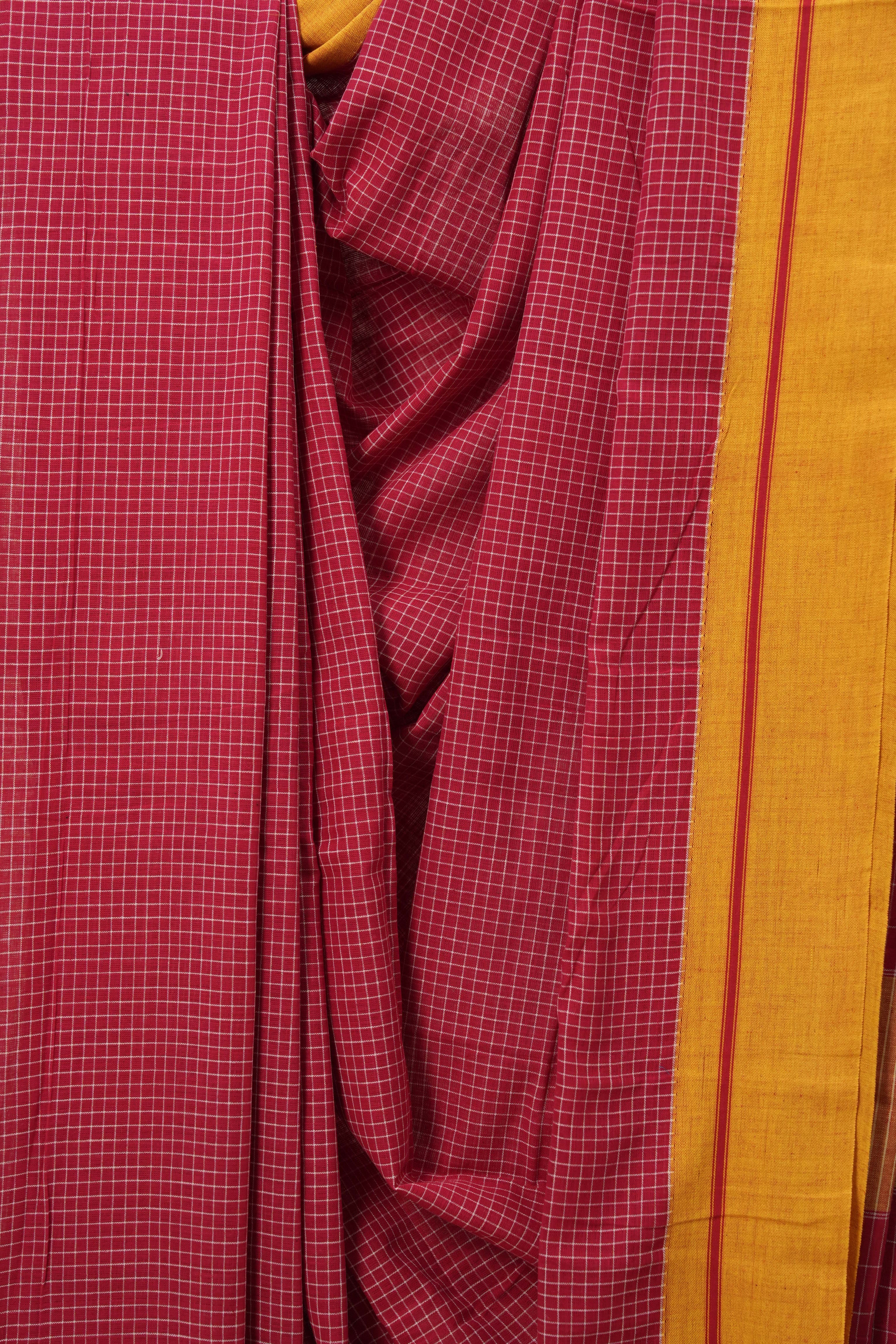 Red Big Checks Cotton Patteda Anchu Saree - SRRPAS235