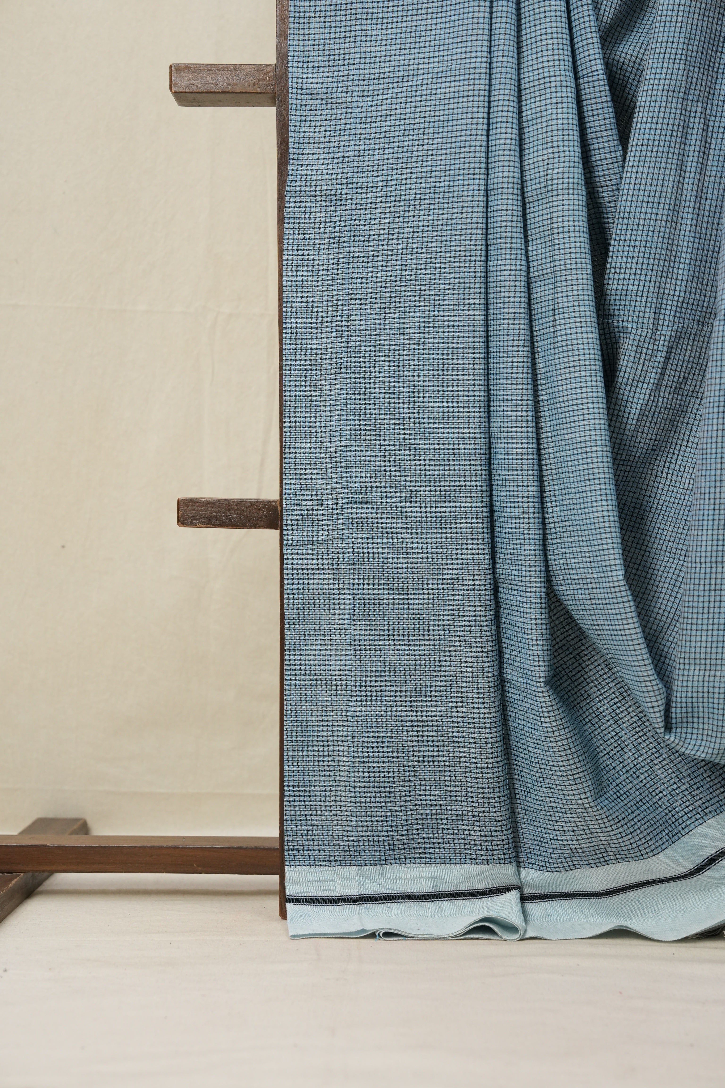 Blue Small Checks Cotton Patteda Anchu Saree - SRBPAS243