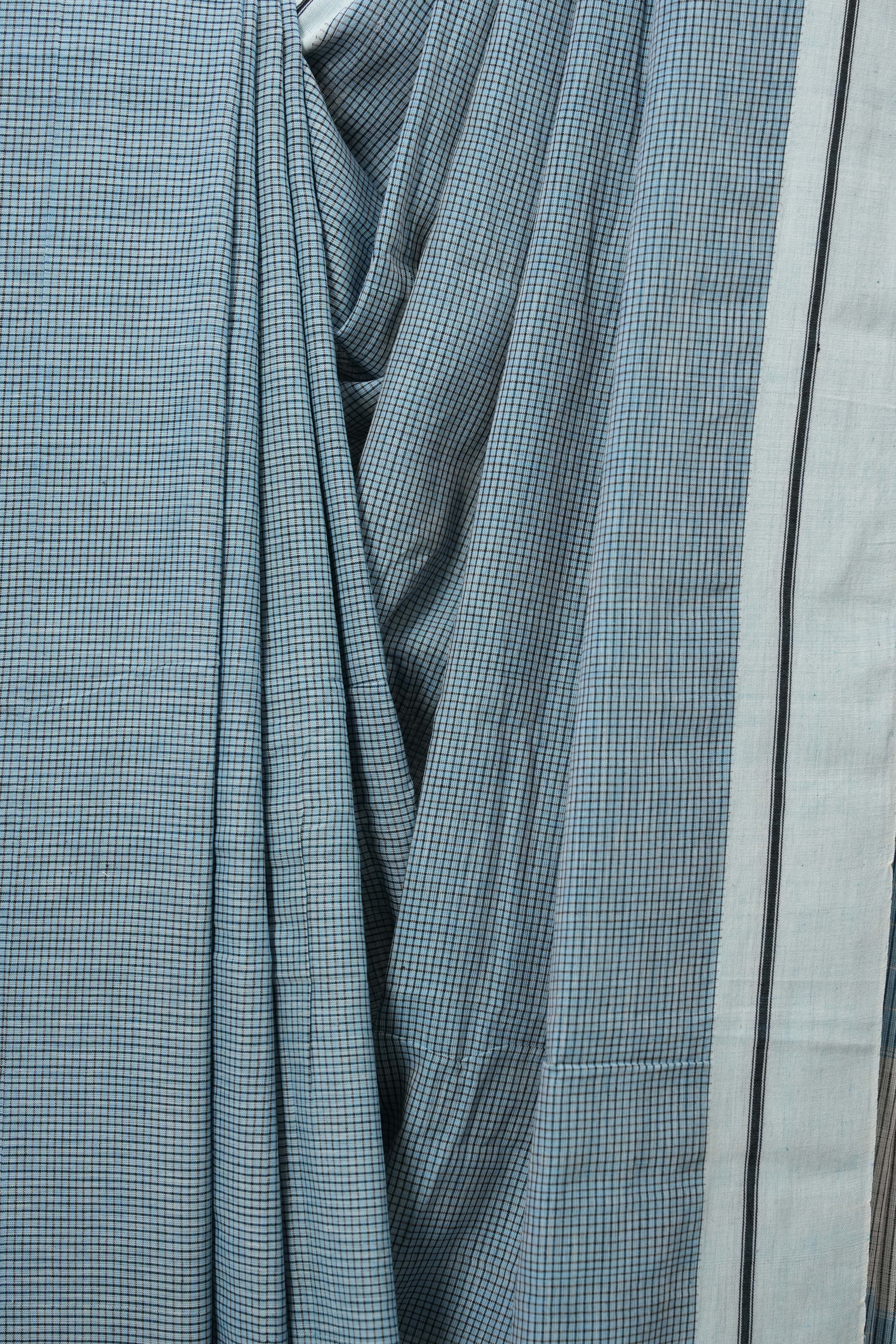 Blue Small Checks Cotton Patteda Anchu Saree - SRBPAS243