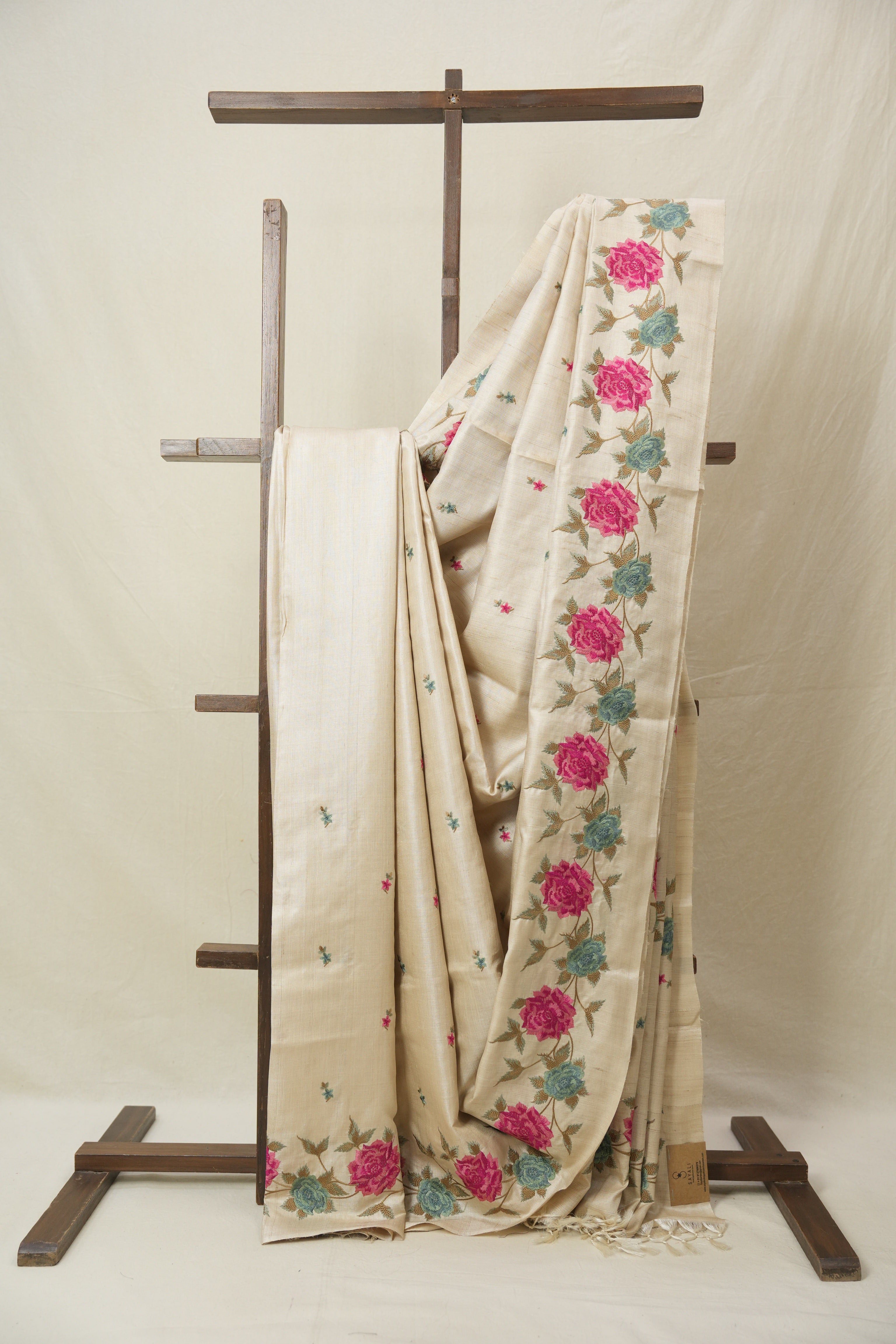 Cream Machine Embroidered Tussar Silk Saree - SRCMETSS1541