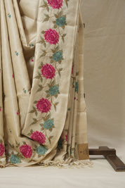Cream Machine Embroidered Tussar Silk Saree - SRCMETSS1541