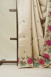 Cream Machine Embroidered Tussar Silk Saree - SRCMETSS1541