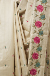 Cream Machine Embroidered Tussar Silk Saree - SRCMETSS1541