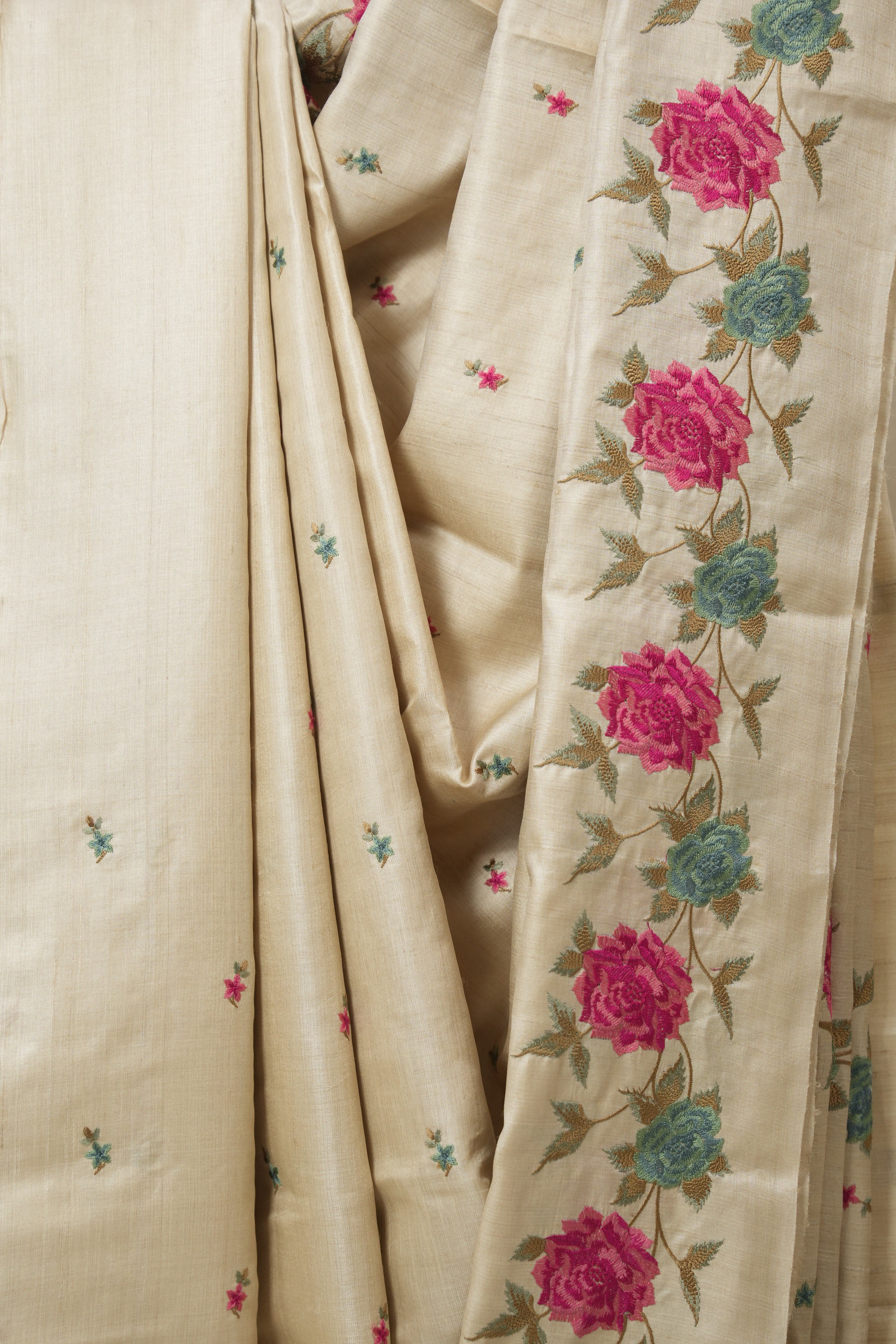 Cream Machine Embroidered Tussar Silk Saree - SRCMETSS1541