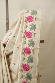 Cream Machine Embroidered Tussar Silk Saree - SRCMETSS1541