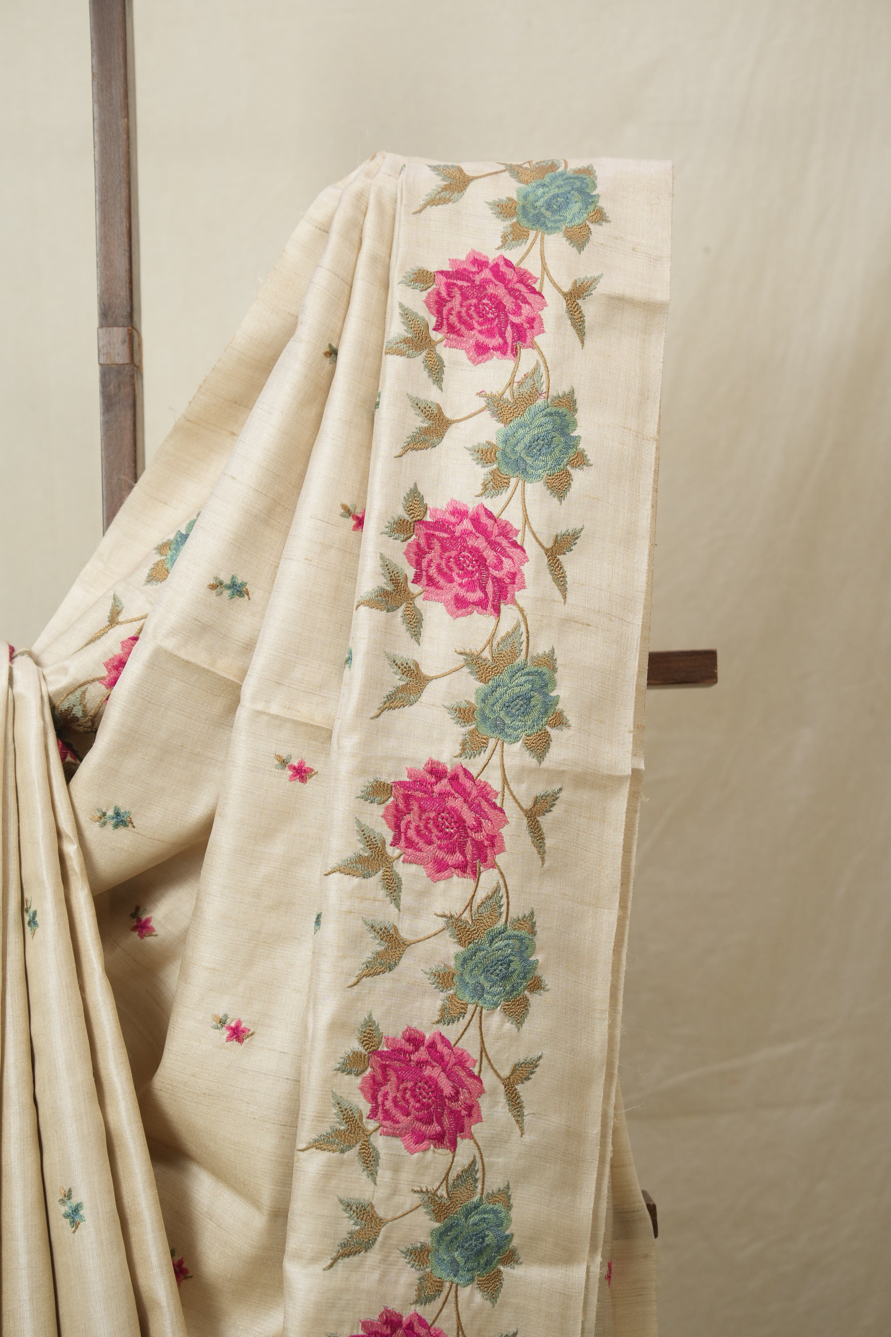Cream Machine Embroidered Tussar Silk Saree - SRCMETSS1541