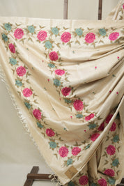 Cream Machine Embroidered Tussar Silk Saree - SRCMETSS1541