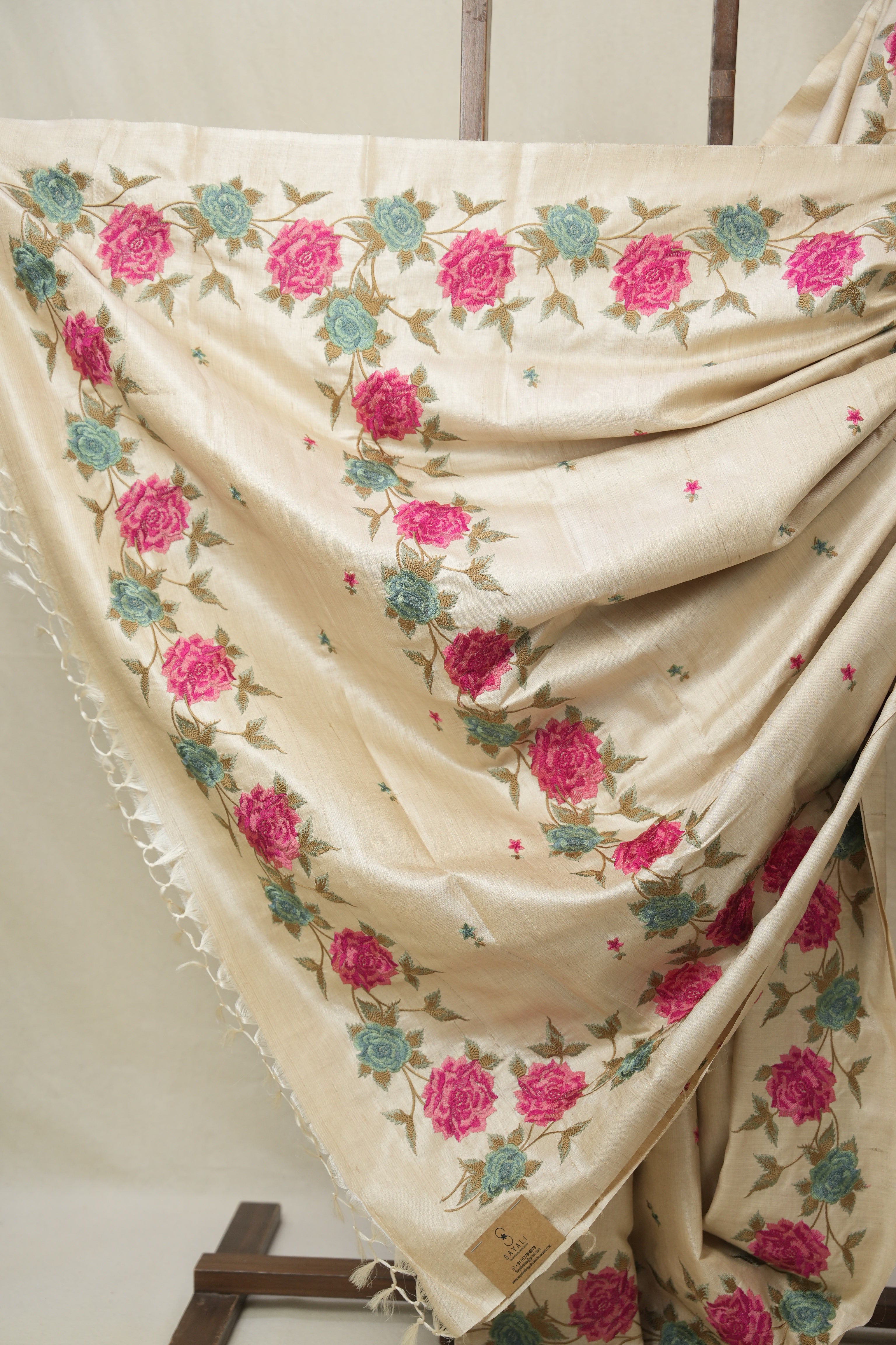 Cream Machine Embroidered Tussar Silk Saree - SRCMETSS1541