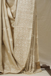 Beige Machine Embroidered Tussar Silk Saree - SRBMETSS1539