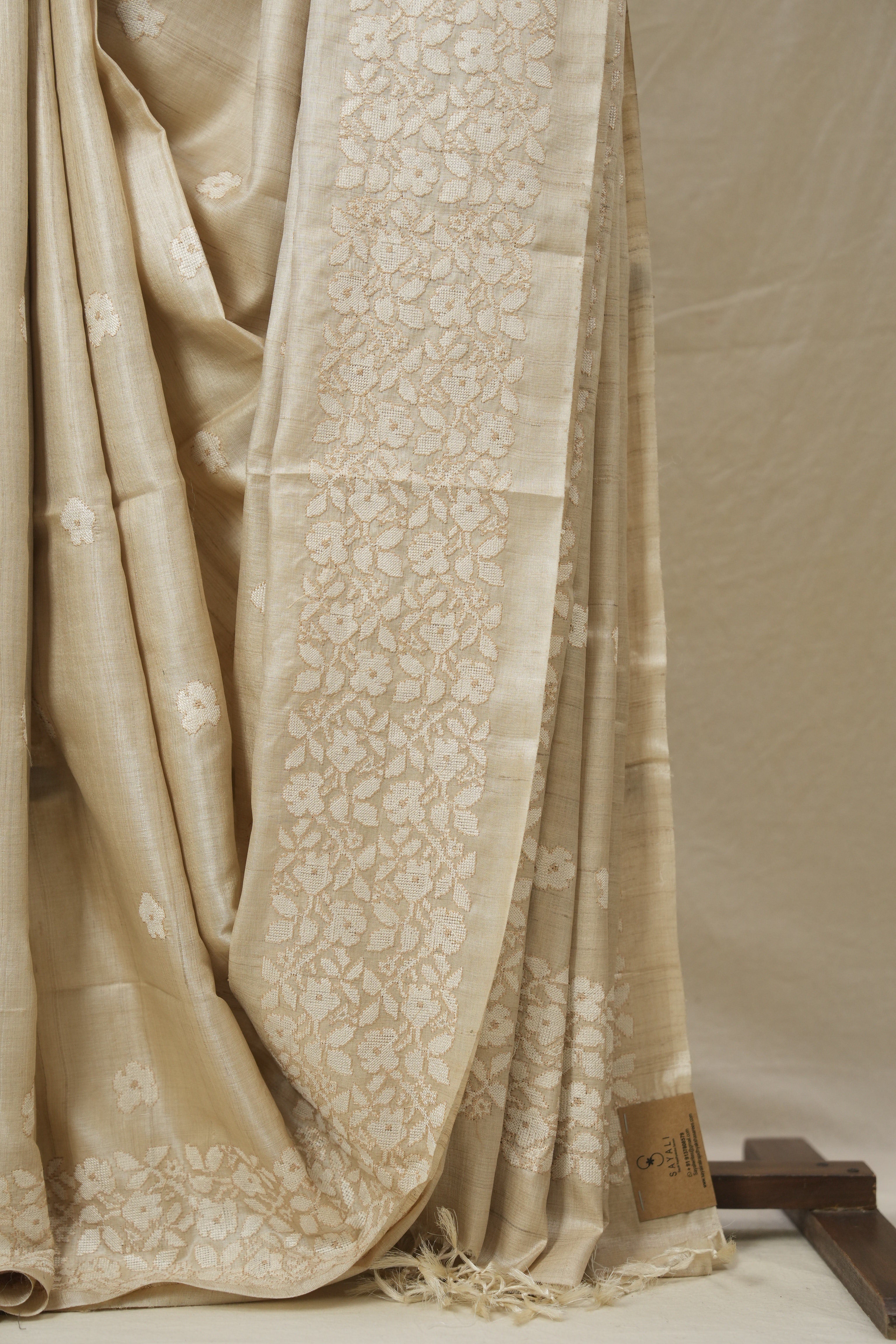 Beige Machine Embroidered Tussar Silk Saree - SRBMETSS1539