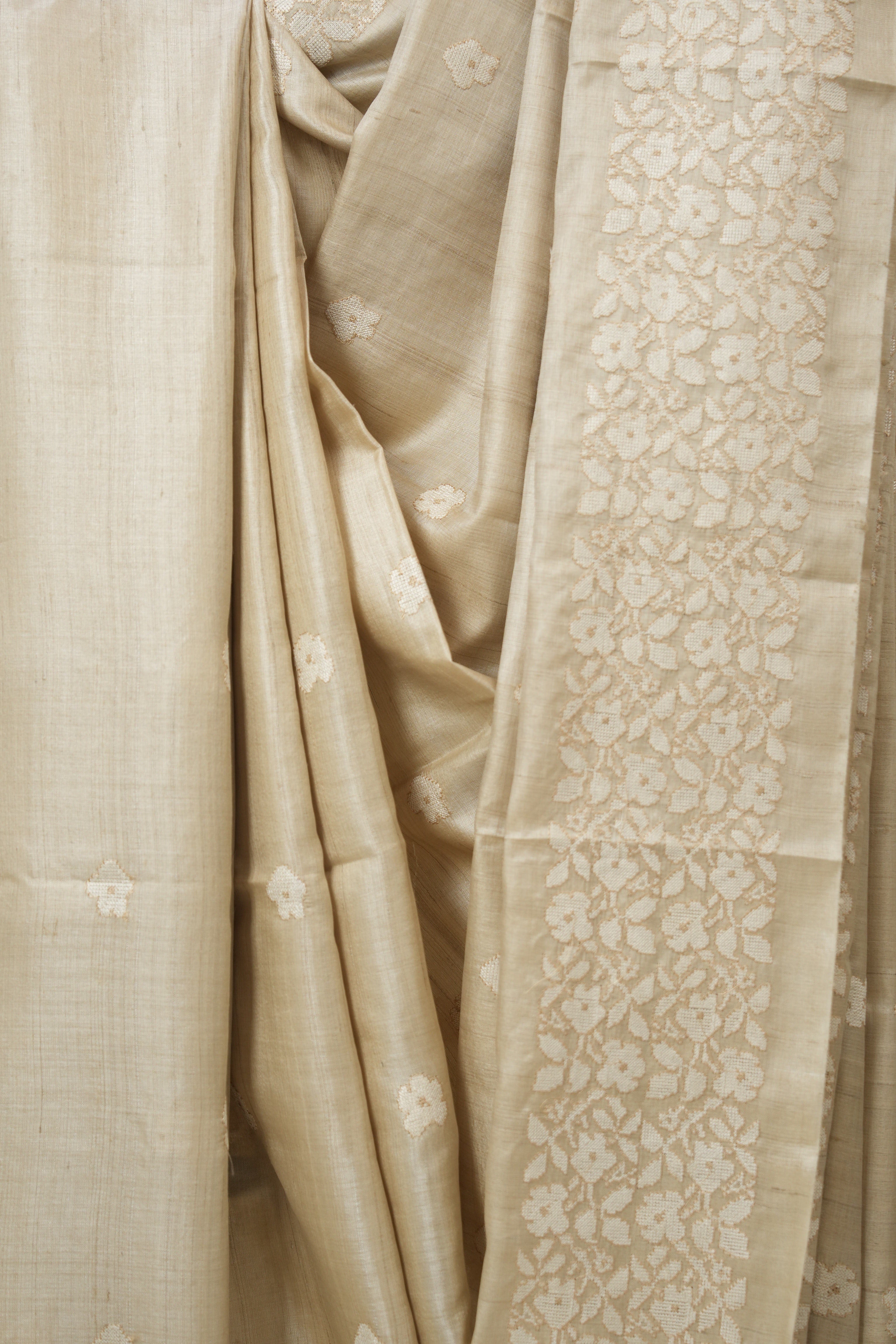 Beige Machine Embroidered Tussar Silk Saree - SRBMETSS1539