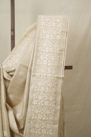 Beige Machine Embroidered Tussar Silk Saree - SRBMETSS1539
