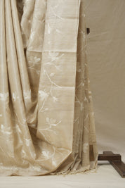Beige Machine Embroidered Tussar Silk Saree - SRBMETSS1540