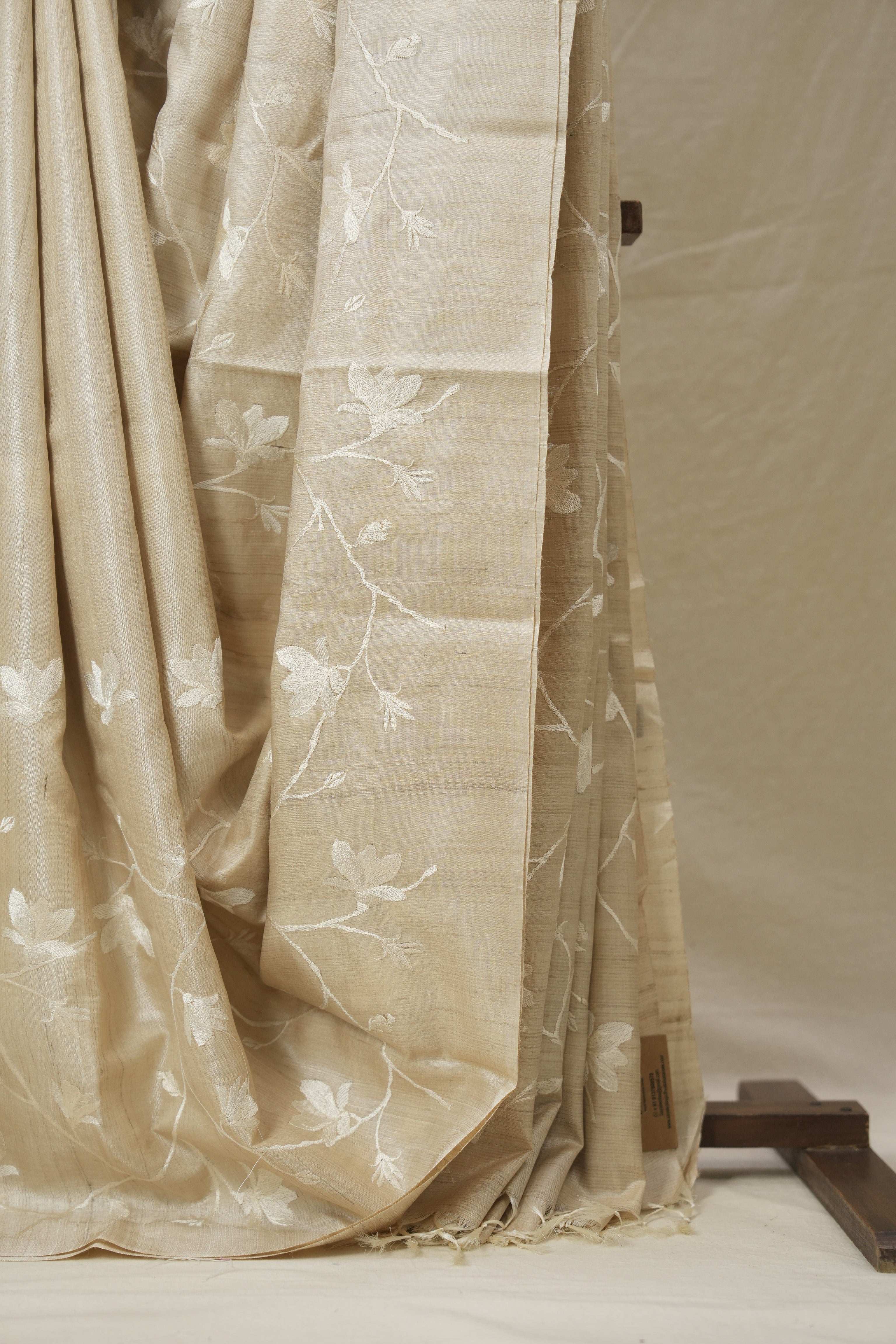 Beige Machine Embroidered Tussar Silk Saree - SRBMETSS1540