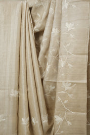 Beige Machine Embroidered Tussar Silk Saree - SRBMETSS1540