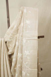 Beige Machine Embroidered Tussar Silk Saree - SRBMETSS1540