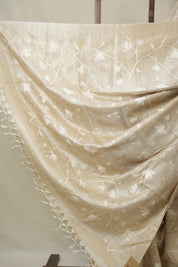 Beige Machine Embroidered Tussar Silk Saree - SRBMETSS1540