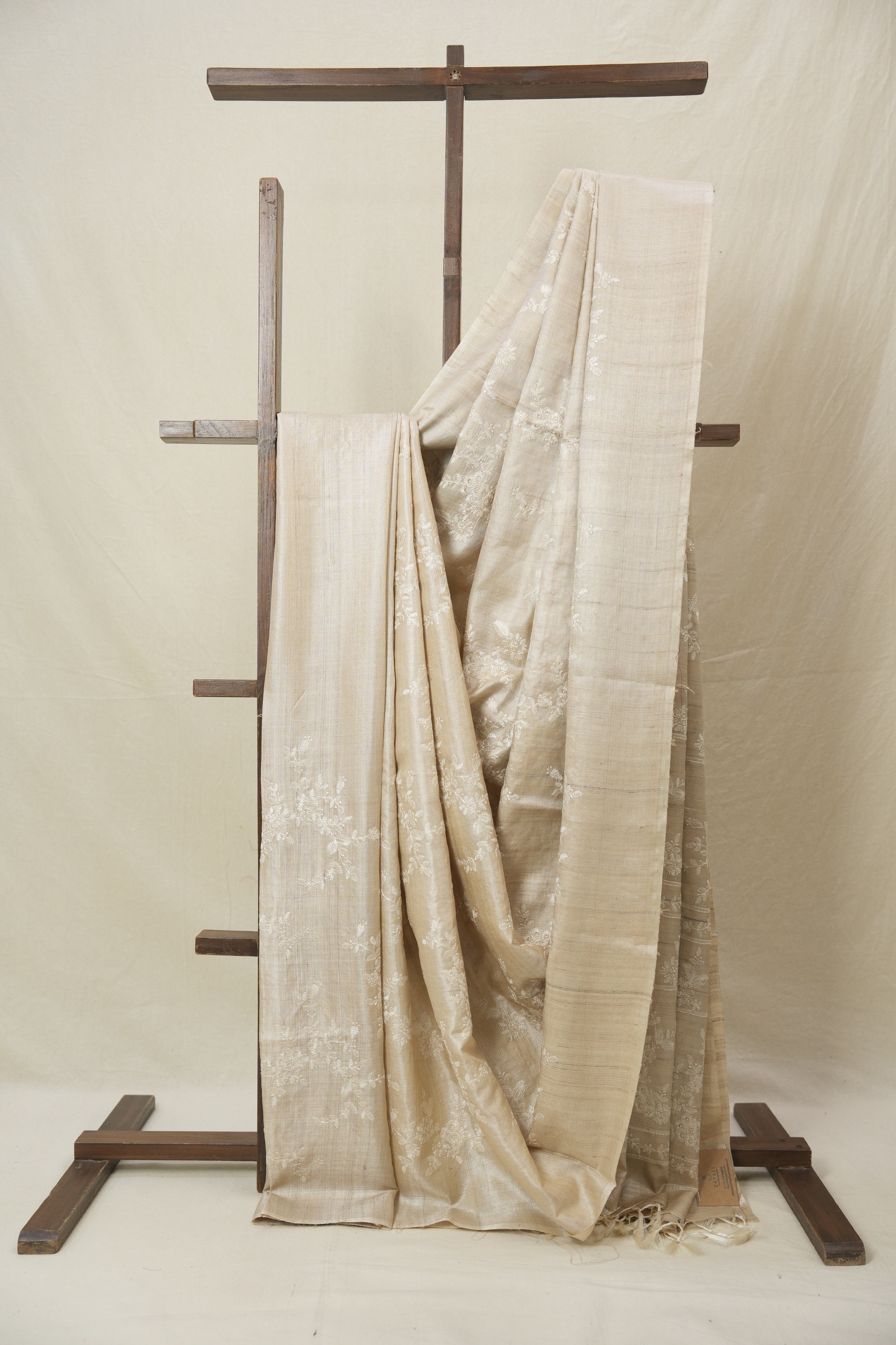 Beige Machine Embroidered Tussar Silk Saree - SRBMETSS1538