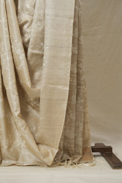 Beige Machine Embroidered Tussar Silk Saree - SRBMETSS1538