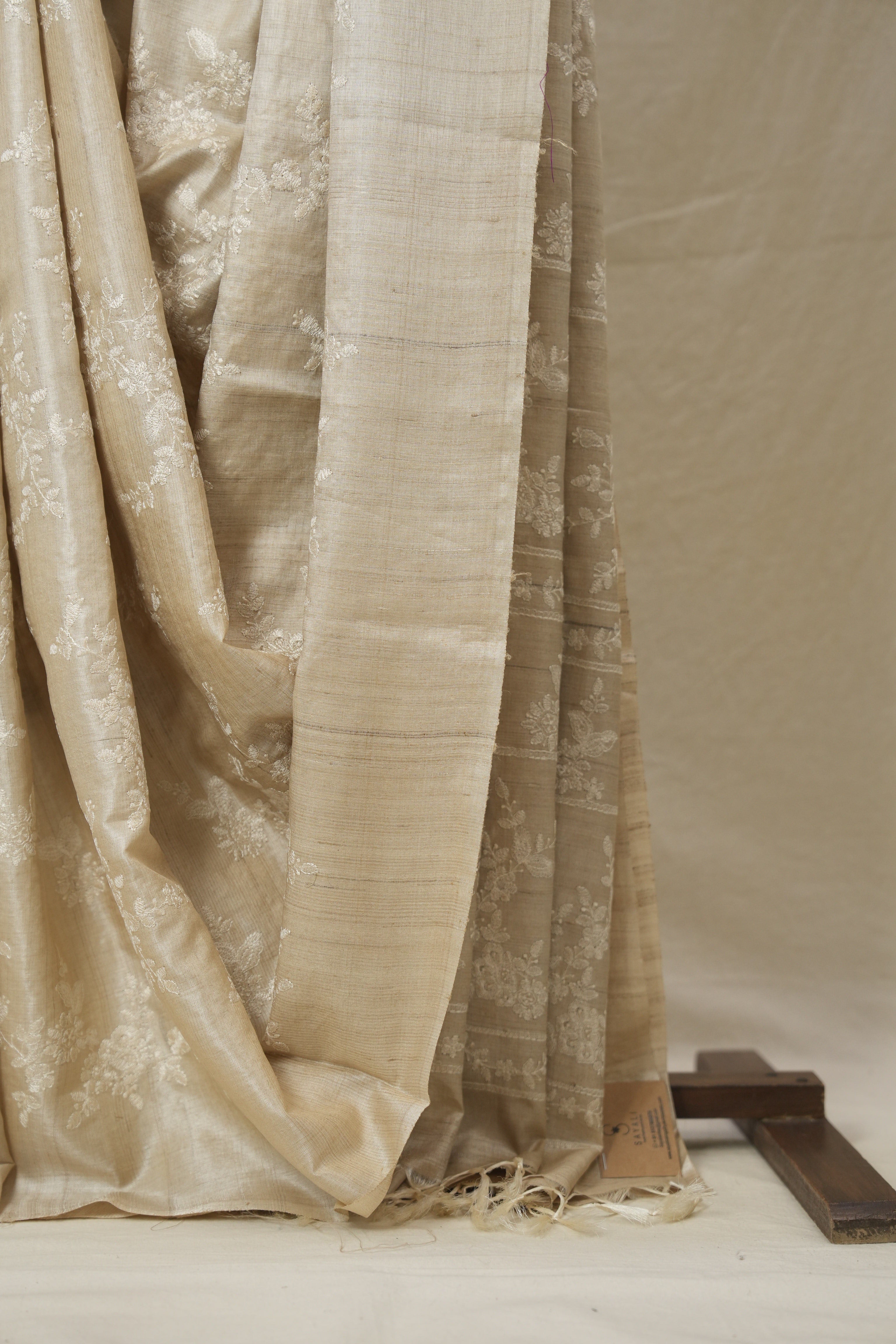 Beige Machine Embroidered Tussar Silk Saree - SRBMETSS1538