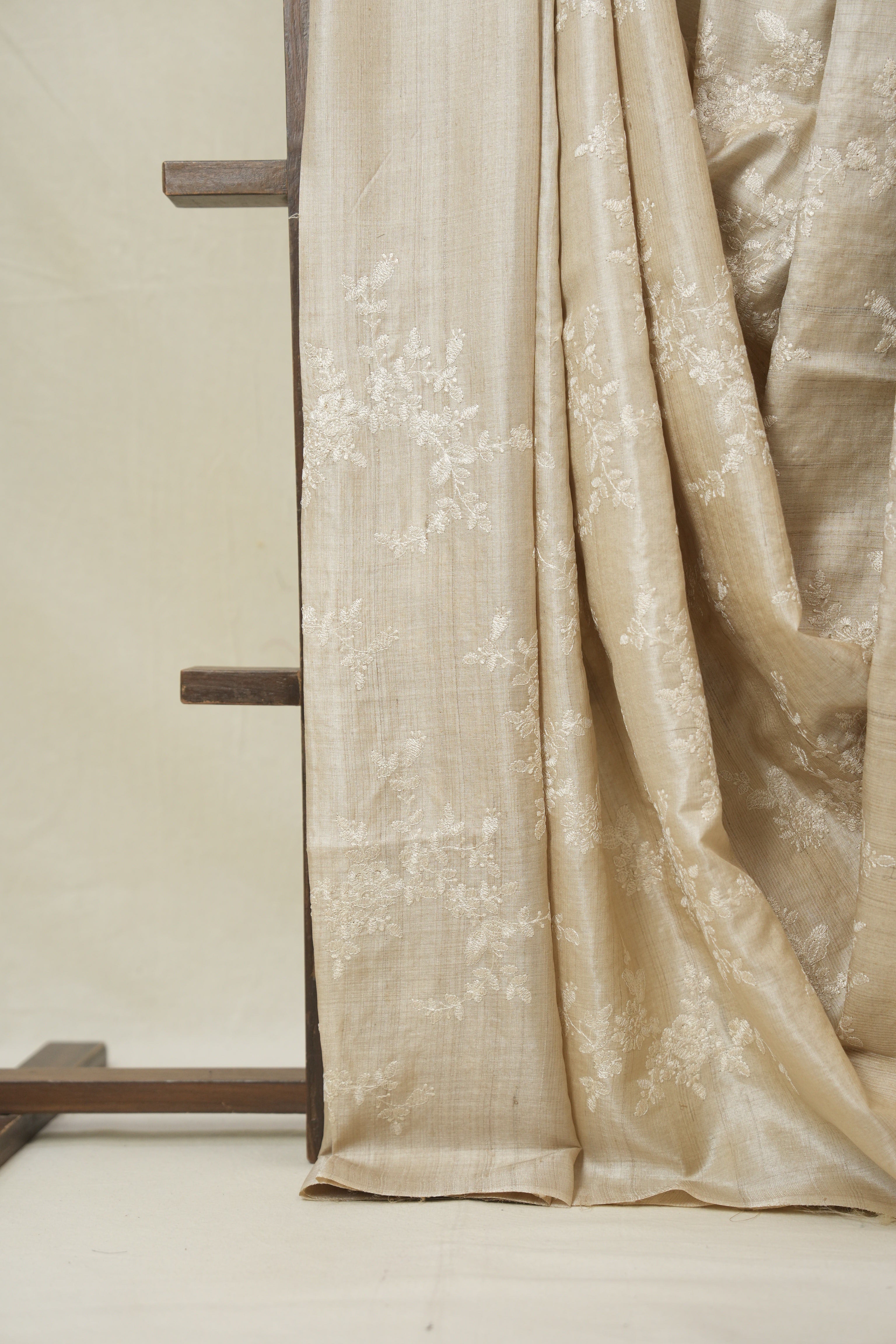 Beige Machine Embroidered Tussar Silk Saree - SRBMETSS1538