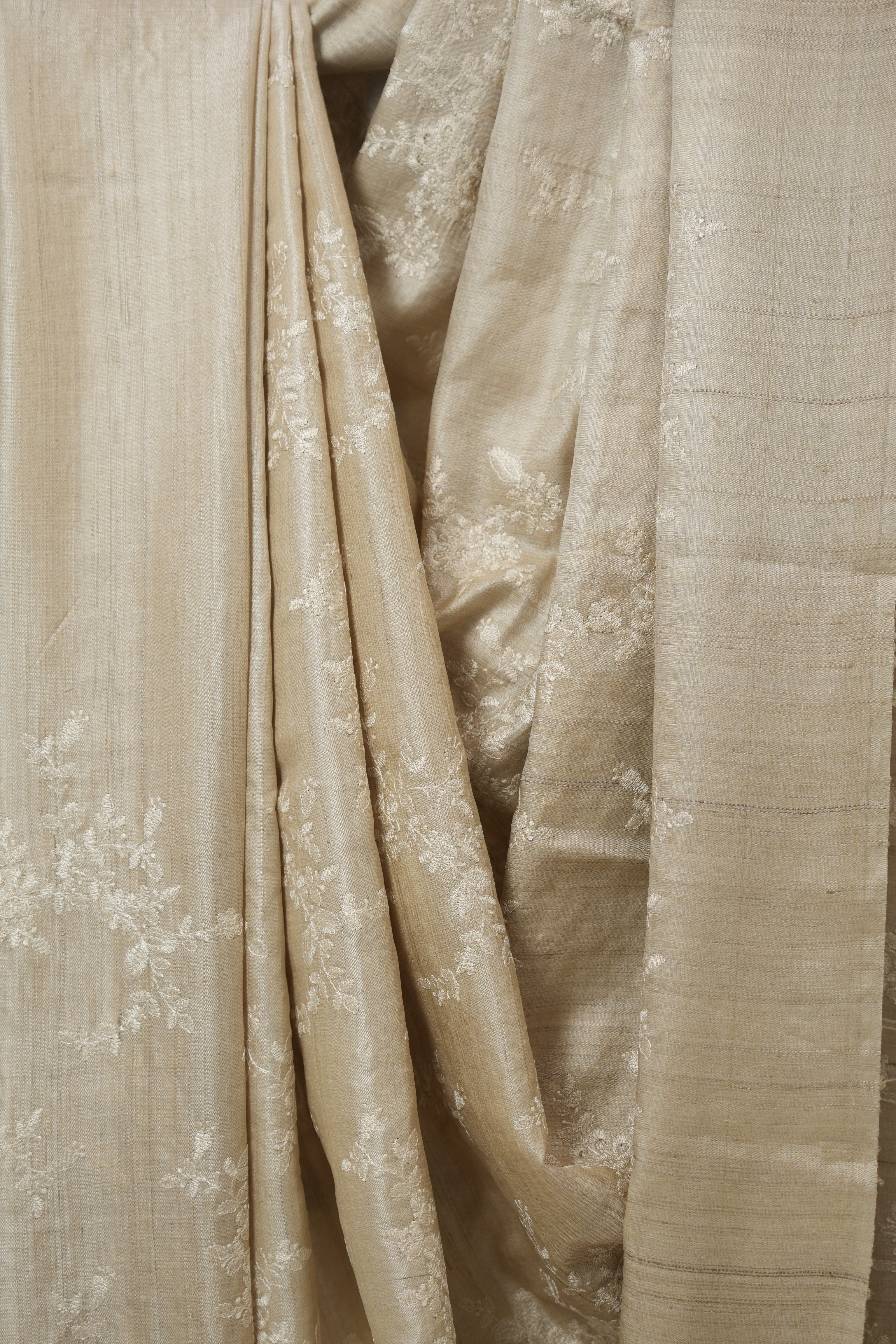 Beige Machine Embroidered Tussar Silk Saree - SRBMETSS1538