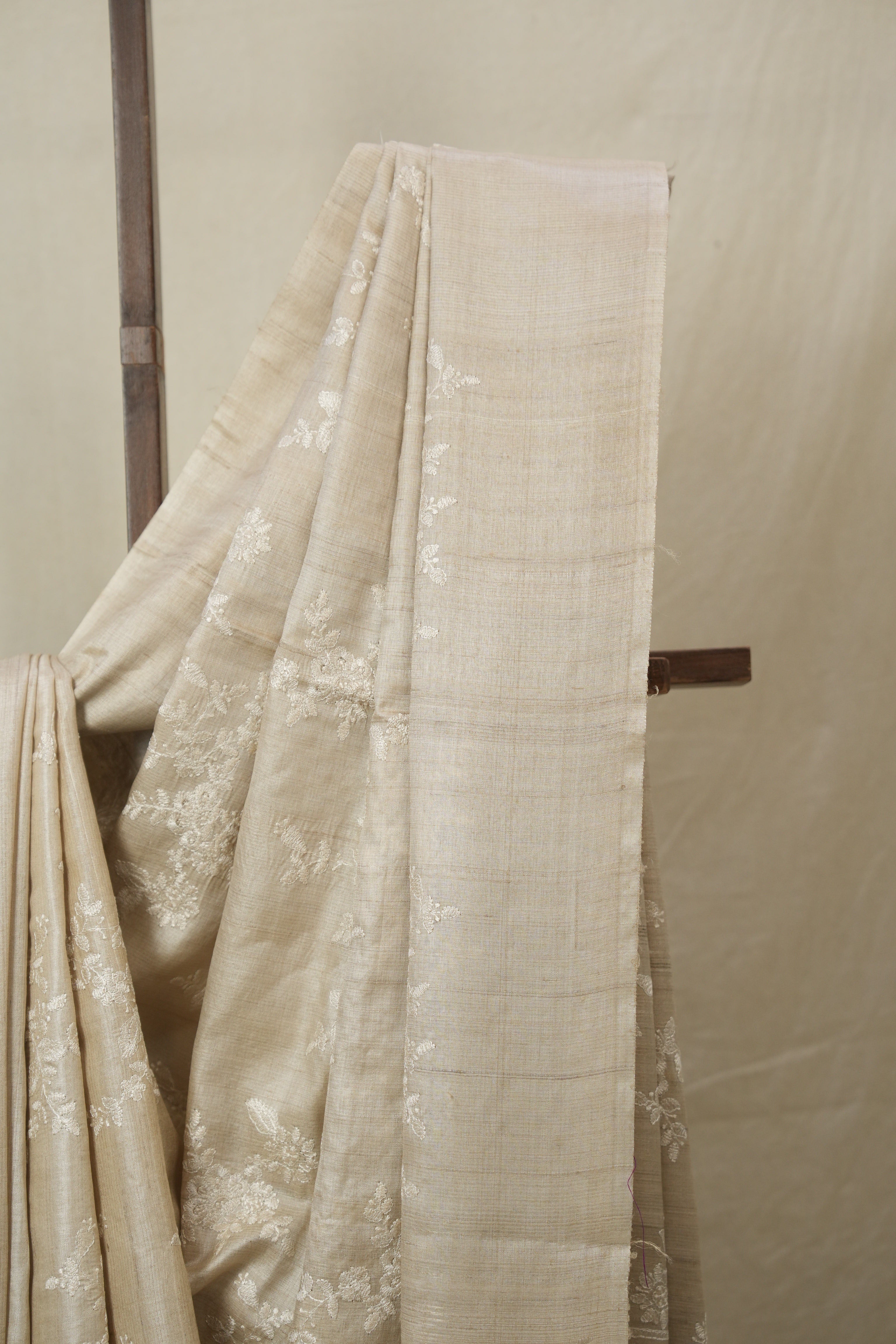 Beige Machine Embroidered Tussar Silk Saree - SRBMETSS1538