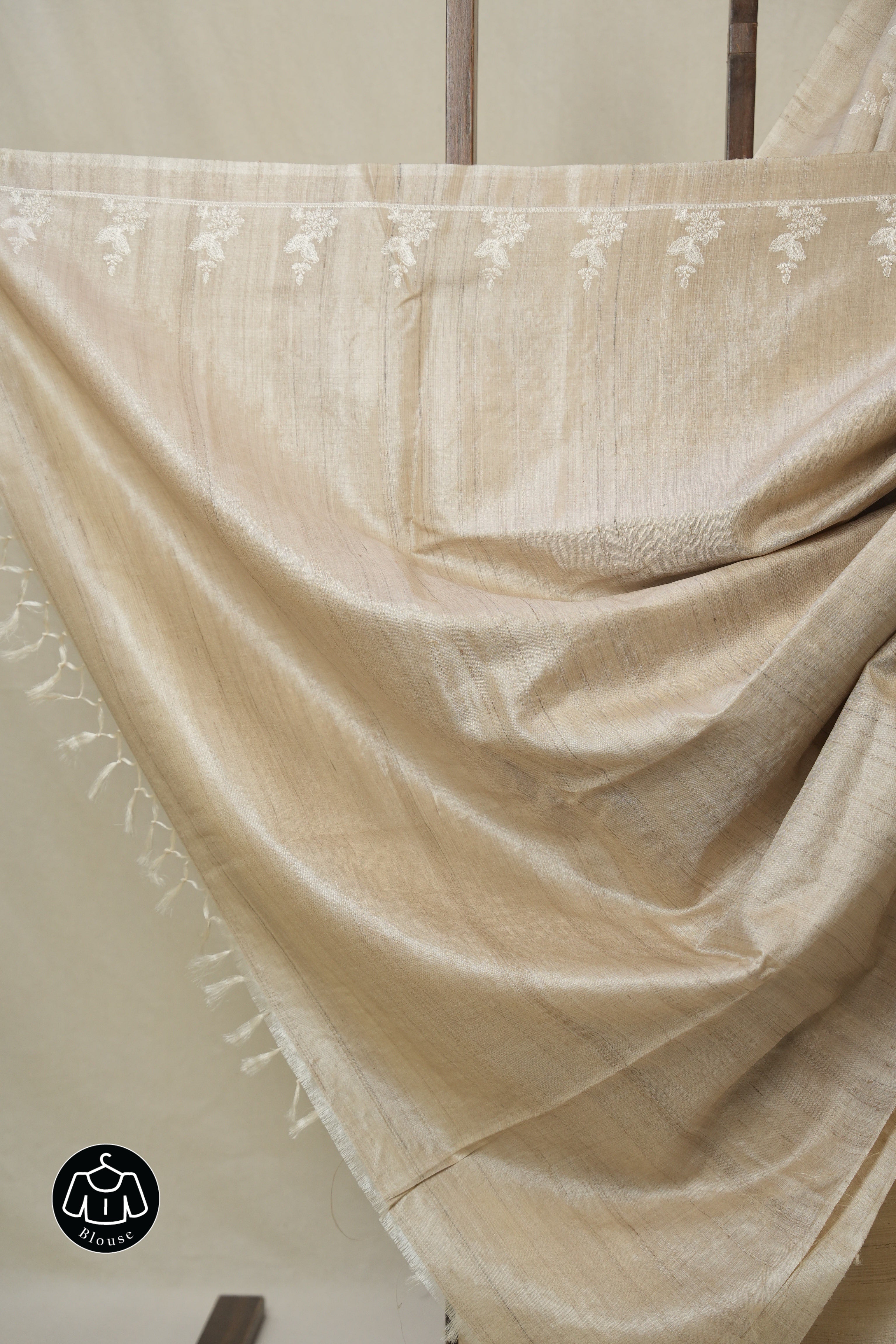 Beige Machine Embroidered Tussar Silk Saree - SRBMETSS1538