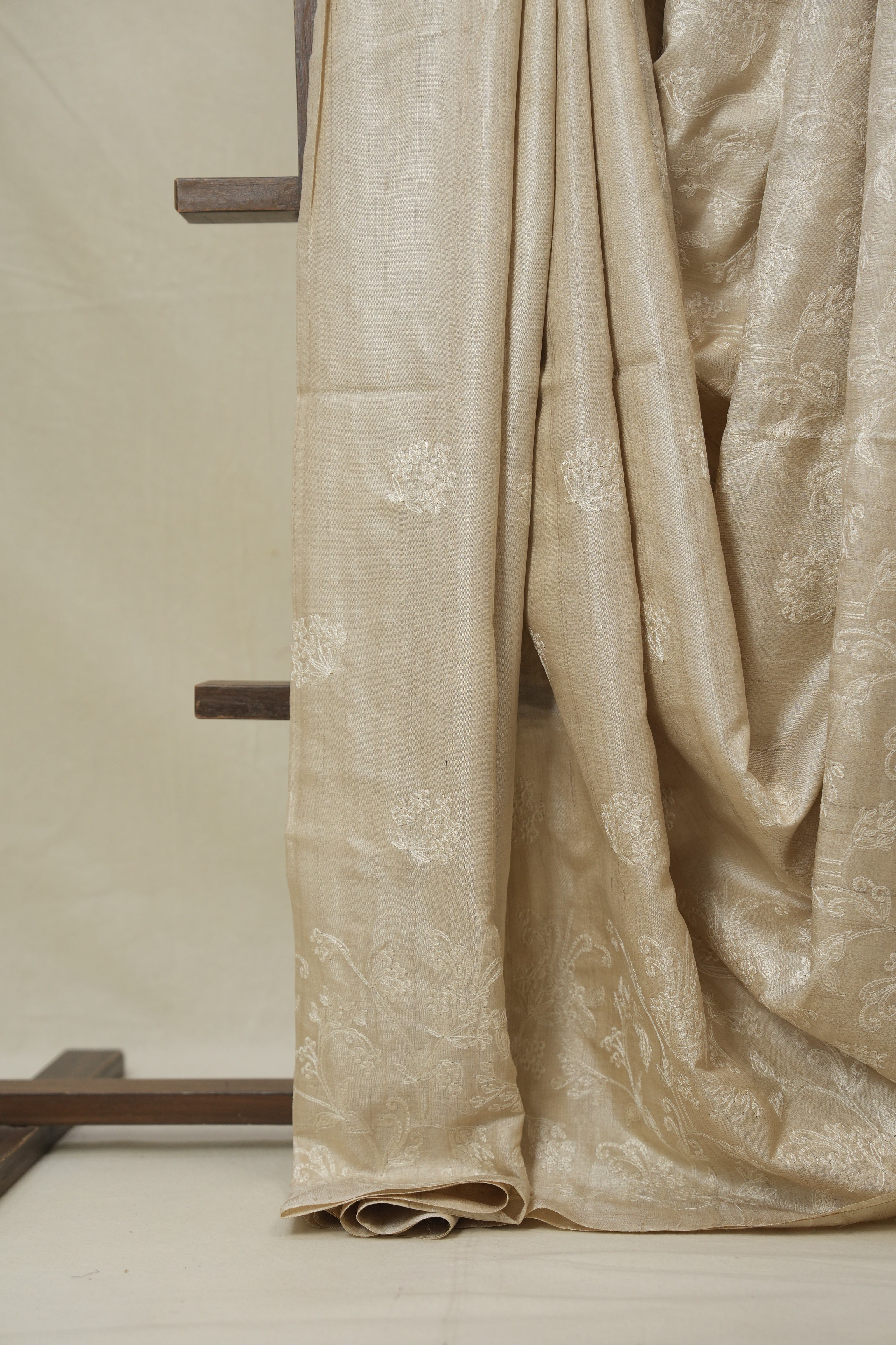 Cream Machine Embroidered Tussar Silk Saree - SRCMETSS1537