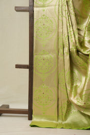 Cream-Parrot Green Banarasi Silk Saree - SRCPGBSS906