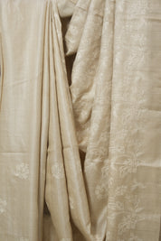 Cream Machine Embroidered Tussar Silk Saree - SRCMETSS1537