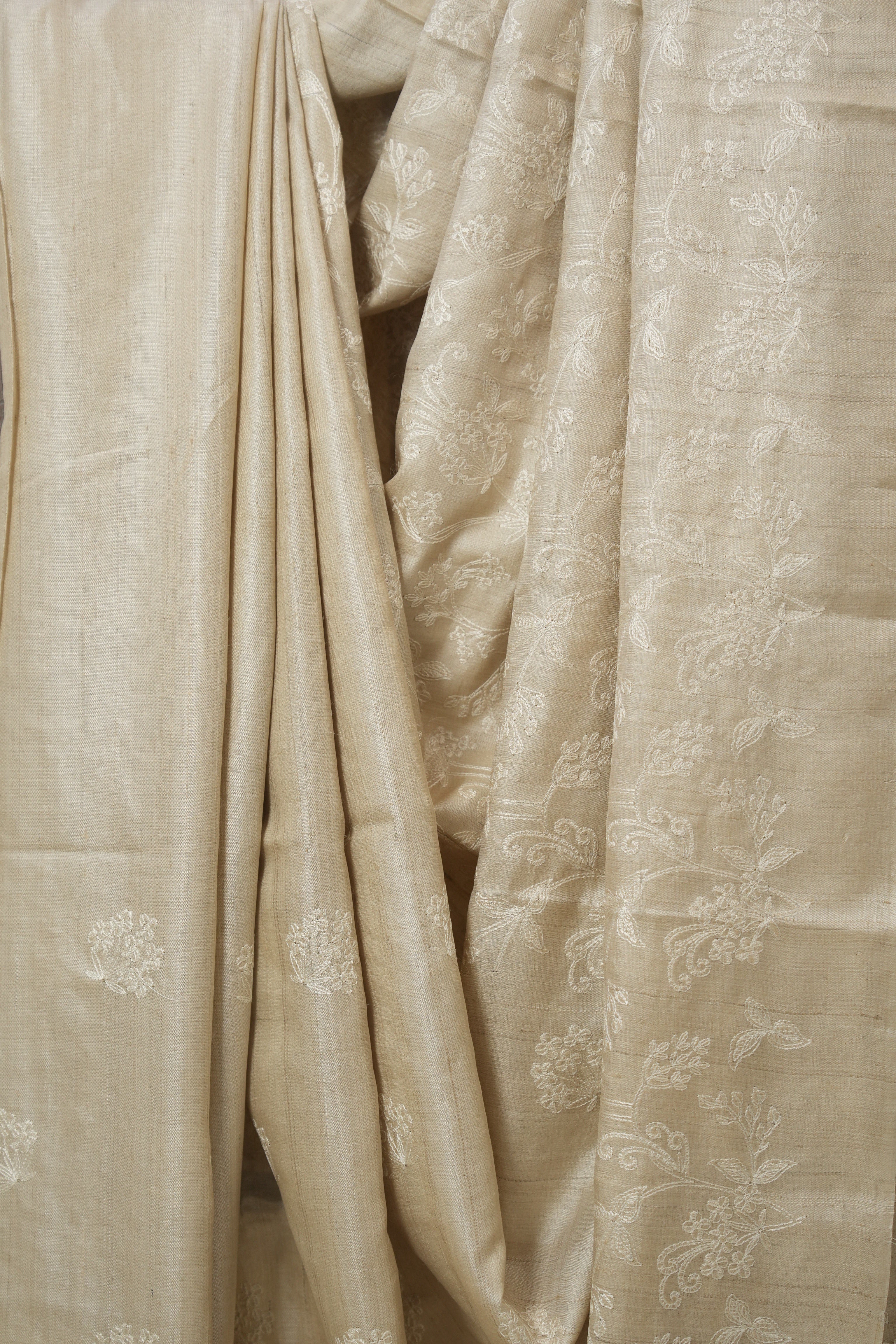 Cream Machine Embroidered Tussar Silk Saree - SRCMETSS1537