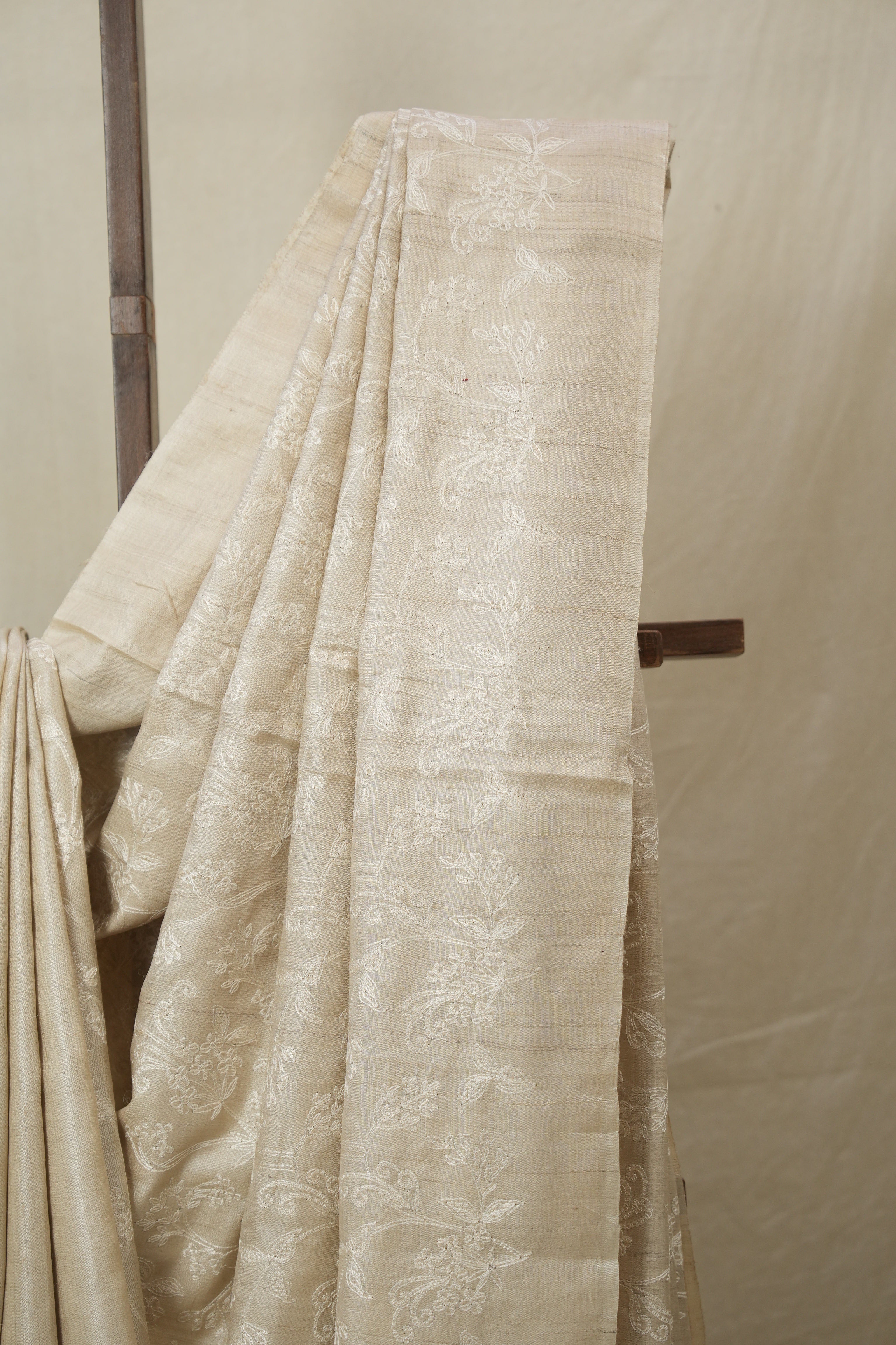 Cream Machine Embroidered Tussar Silk Saree - SRCMETSS1537
