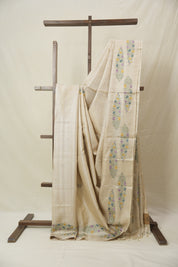 Cream Machine Embroidered Tussar Silk Saree - SRCMETSS1535