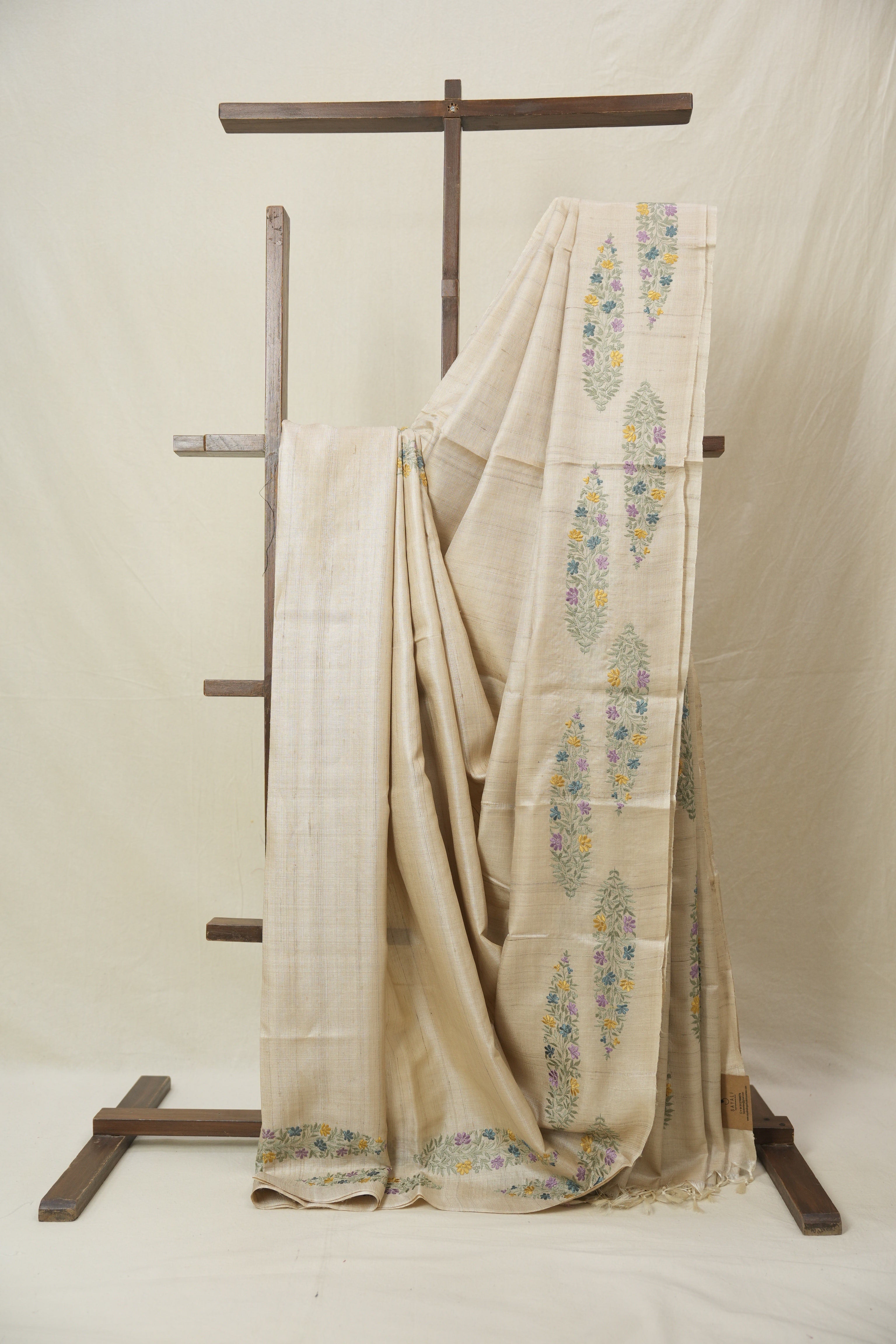 Cream Machine Embroidered Tussar Silk Saree - SRCMETSS1535