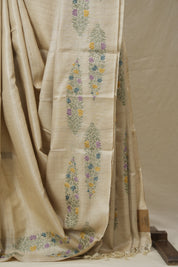 Cream Machine Embroidered Tussar Silk Saree - SRCMETSS1535