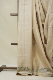 Cream Machine Embroidered Tussar Silk Saree - SRCMETSS1535