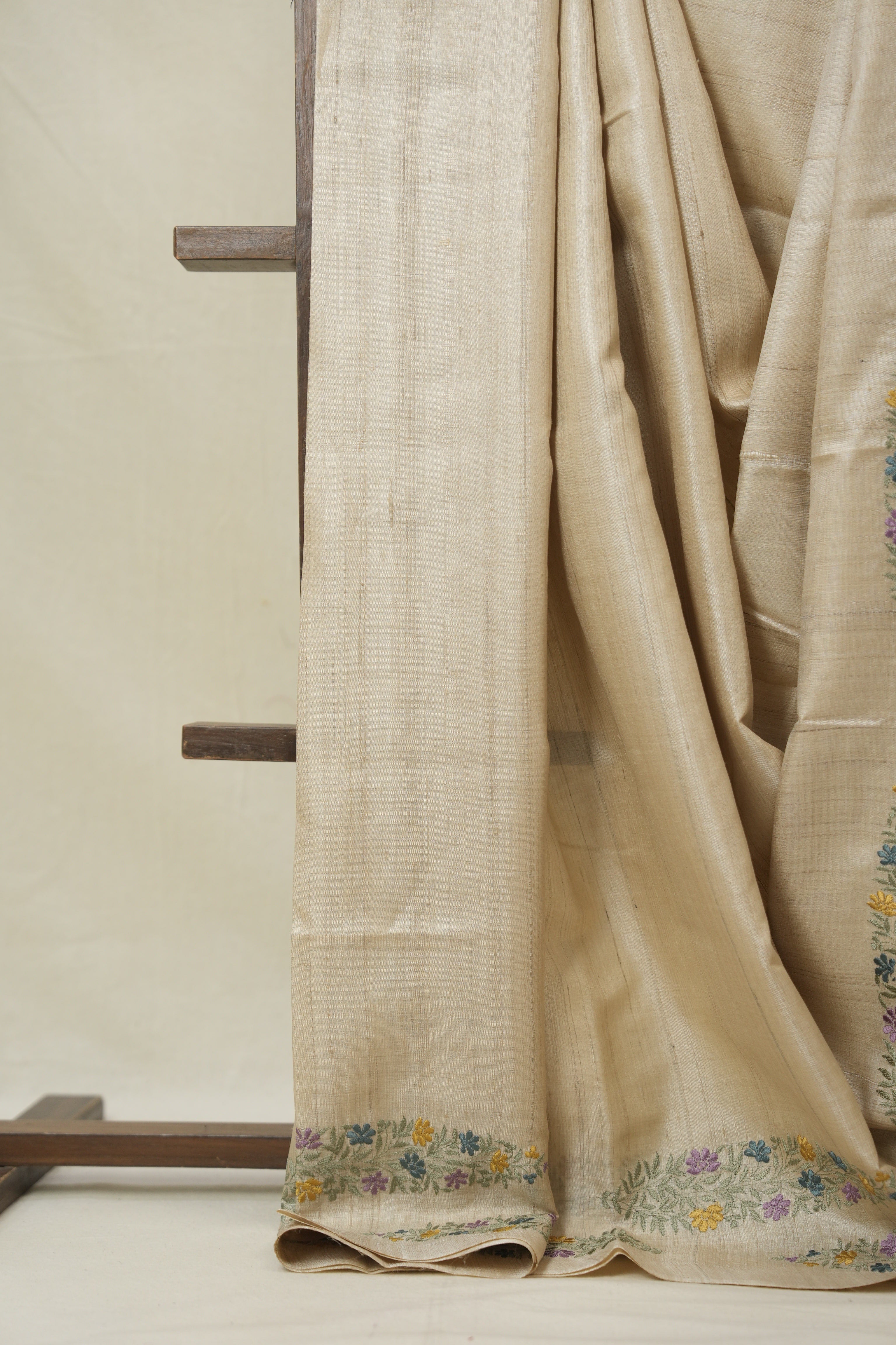 Cream Machine Embroidered Tussar Silk Saree - SRCMETSS1535