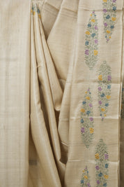 Cream Machine Embroidered Tussar Silk Saree - SRCMETSS1535