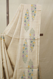 Cream Machine Embroidered Tussar Silk Saree - SRCMETSS1535