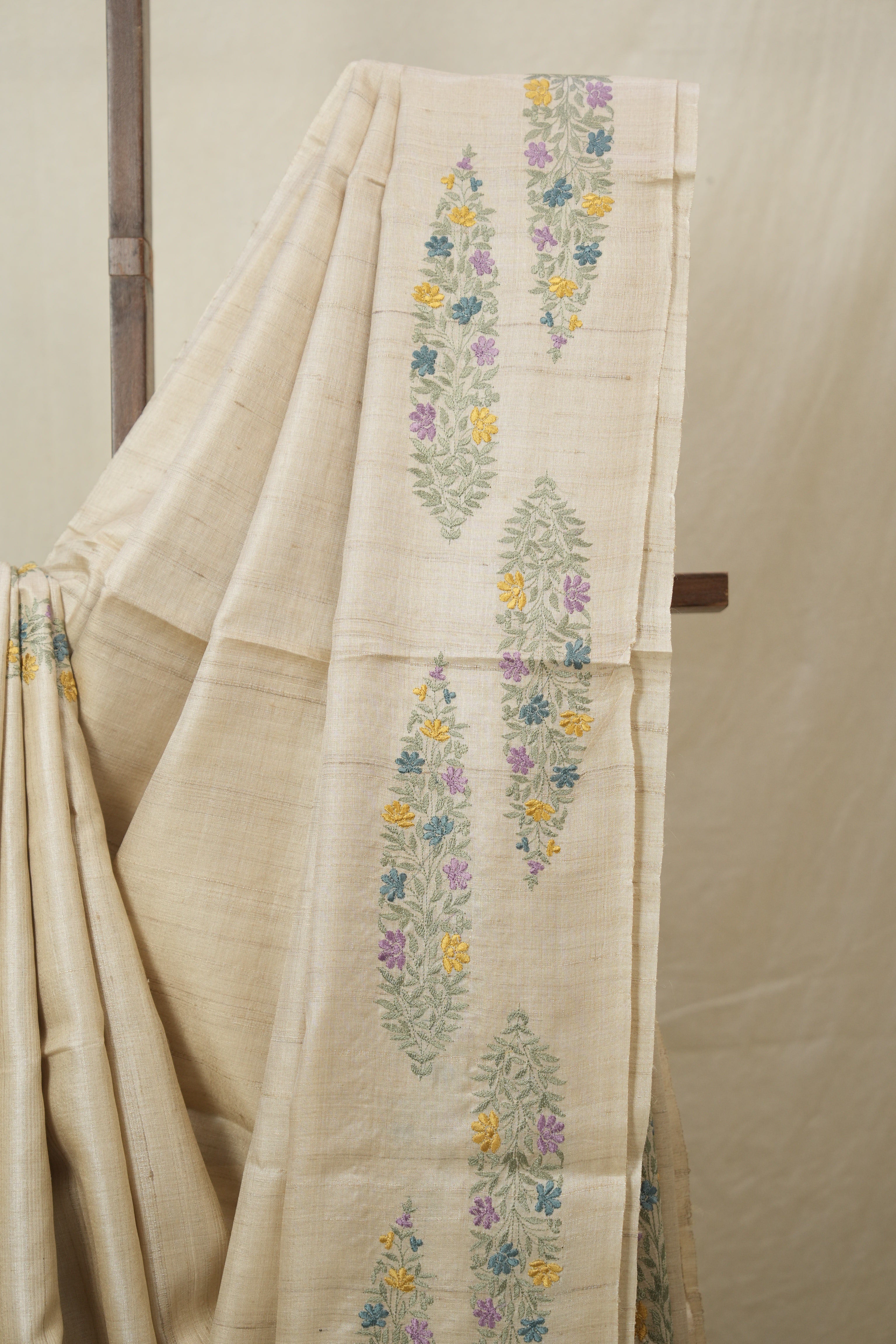 Cream Machine Embroidered Tussar Silk Saree - SRCMETSS1535