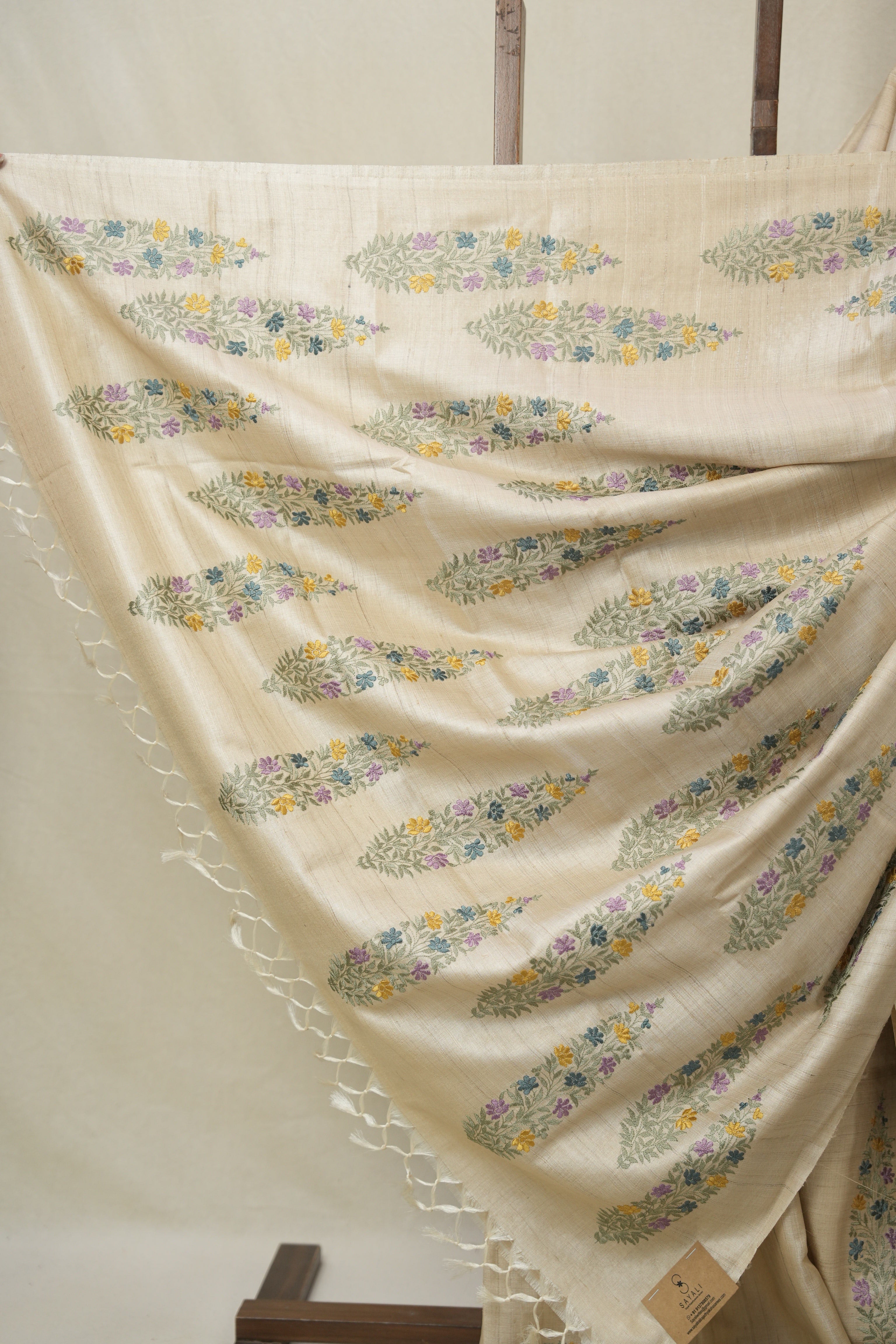 Cream Machine Embroidered Tussar Silk Saree - SRCMETSS1535