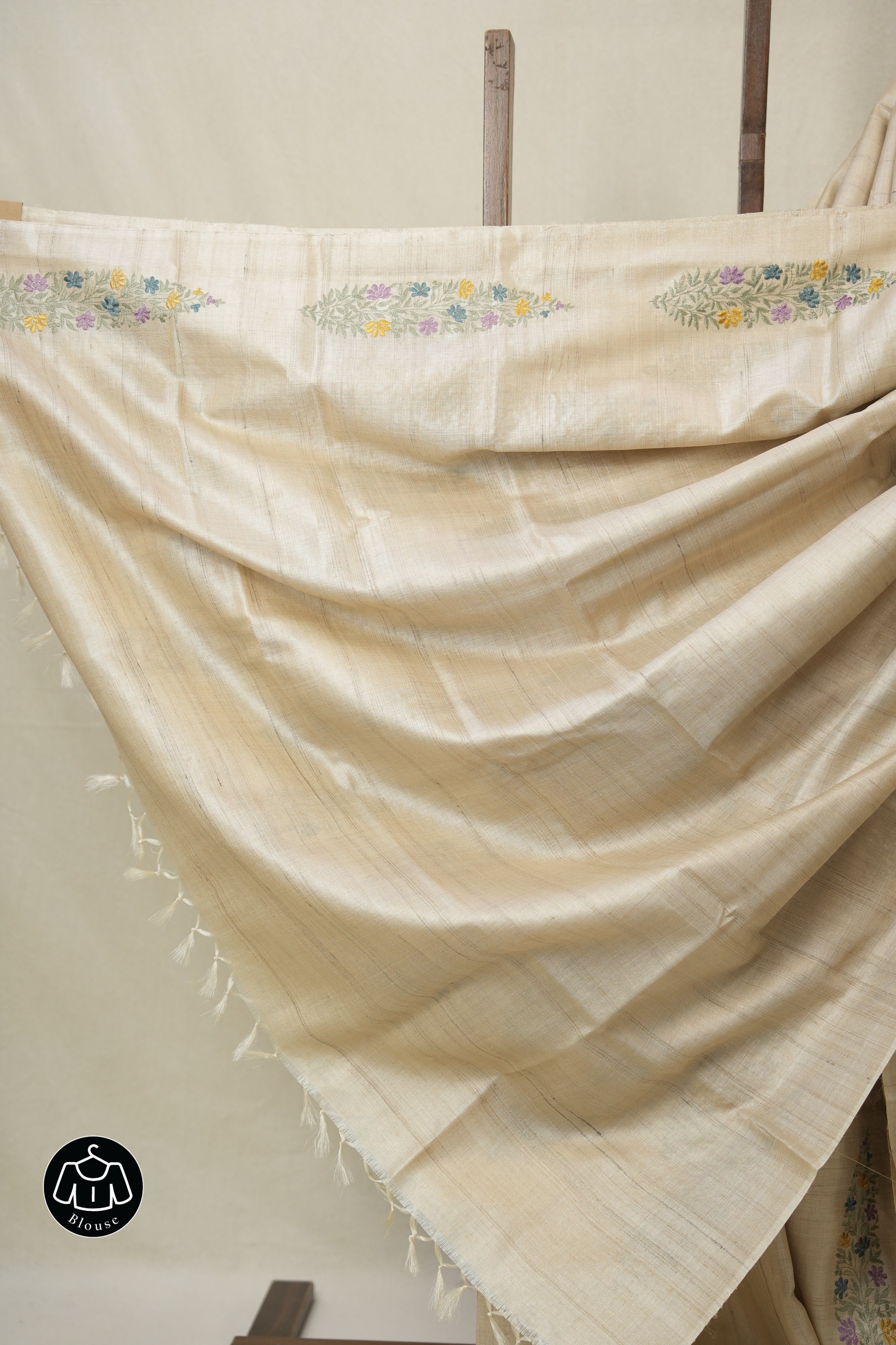 Cream Machine Embroidered Tussar Silk Saree - SRCMETSS1535
